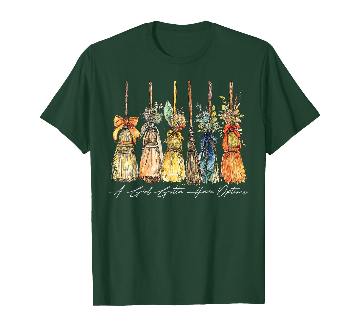 A Girl Gotta Have Options Halloween Witches Bow Floral Broom T-Shirt