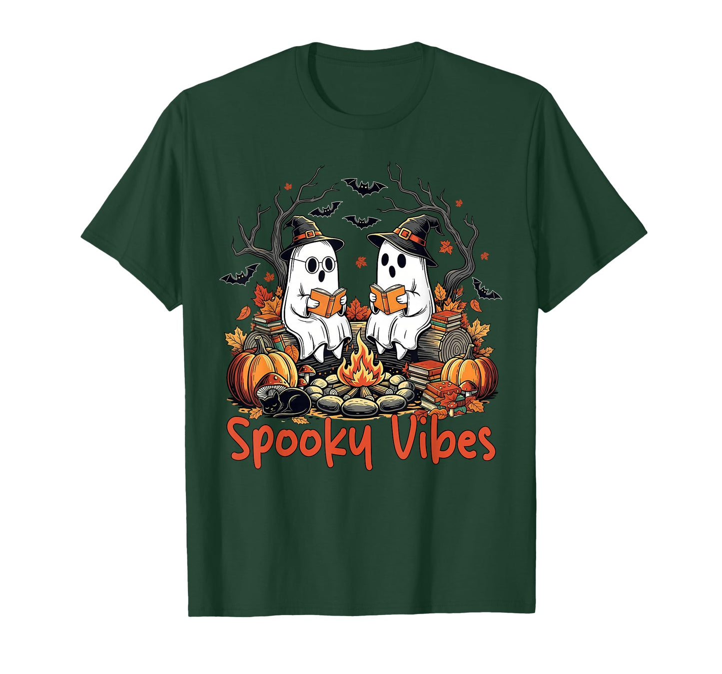Spooky Vibes Ghost Reading Books Halloween Teacher Girl Boy T-Shirt