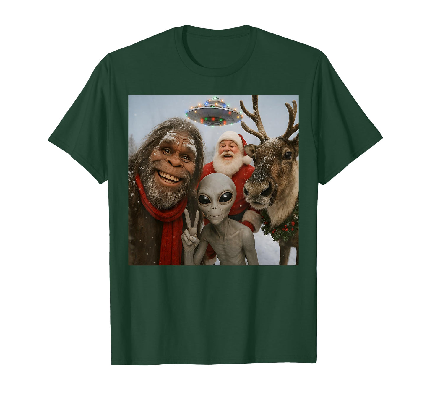 Funny Bigfoot Alien UFO Santa Reindeer Christmas T-Shirt