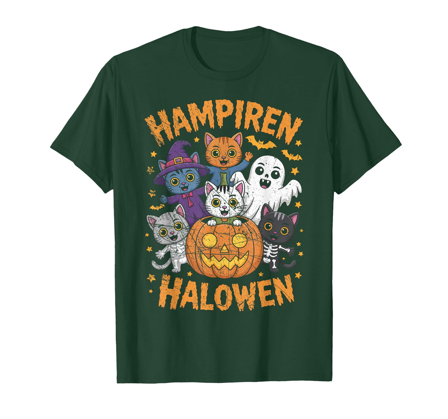 Vampire Ghost Zombie Witch Cats in Pumpkin Cute Halloween T-Shirt