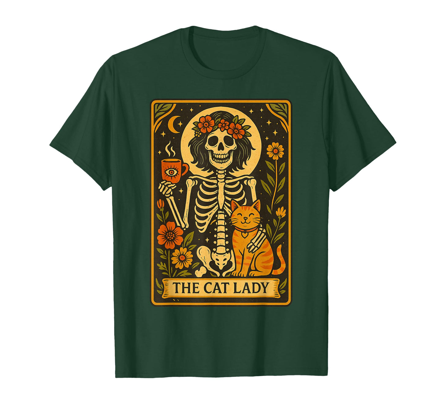 Mystic Skeleton The Cat Lady with Coffee Tarot Card Vibes T-Shirt