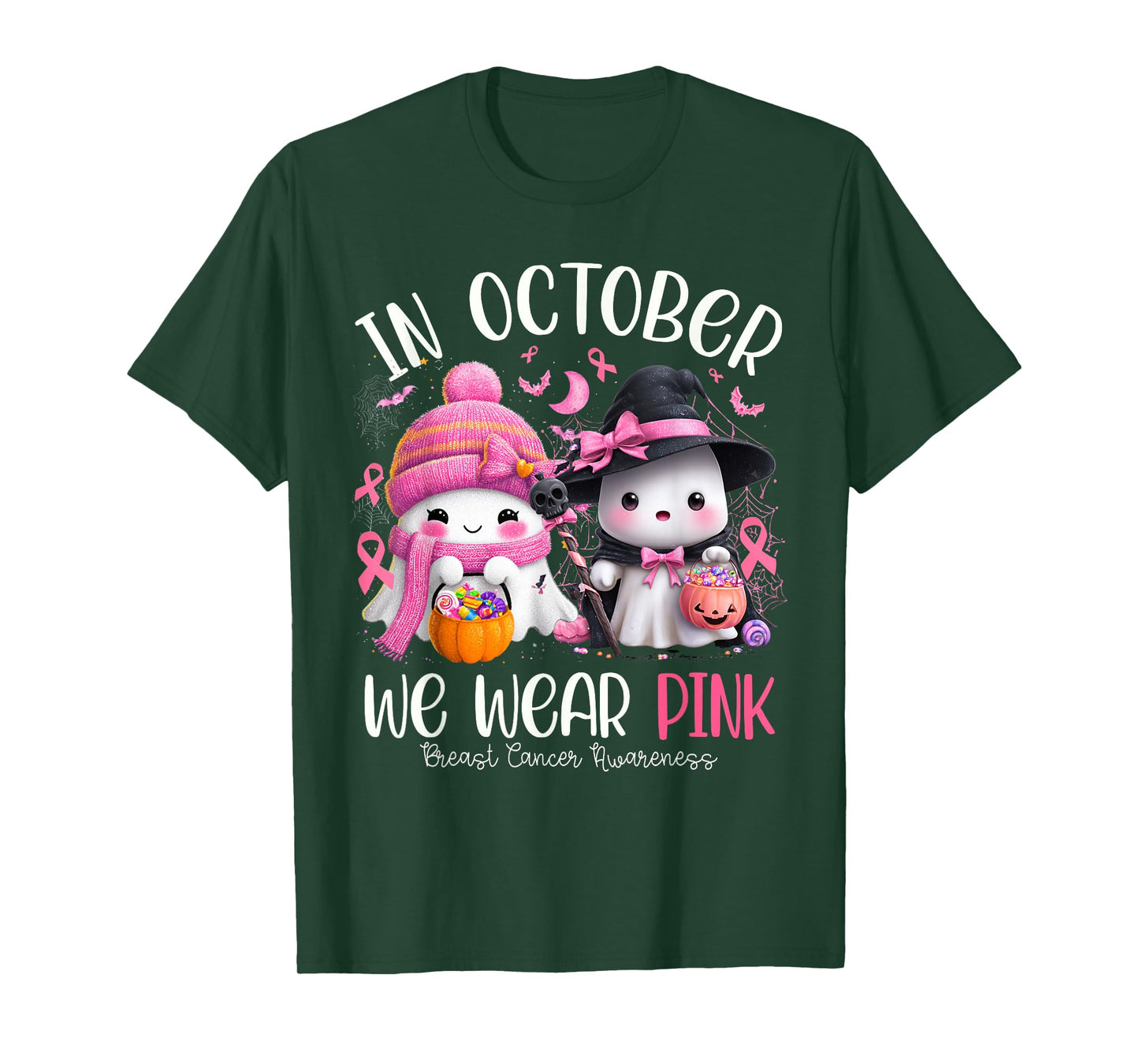 in October We Wear Pink Ghost Witch Breast Cancer Awareness T-Shirt