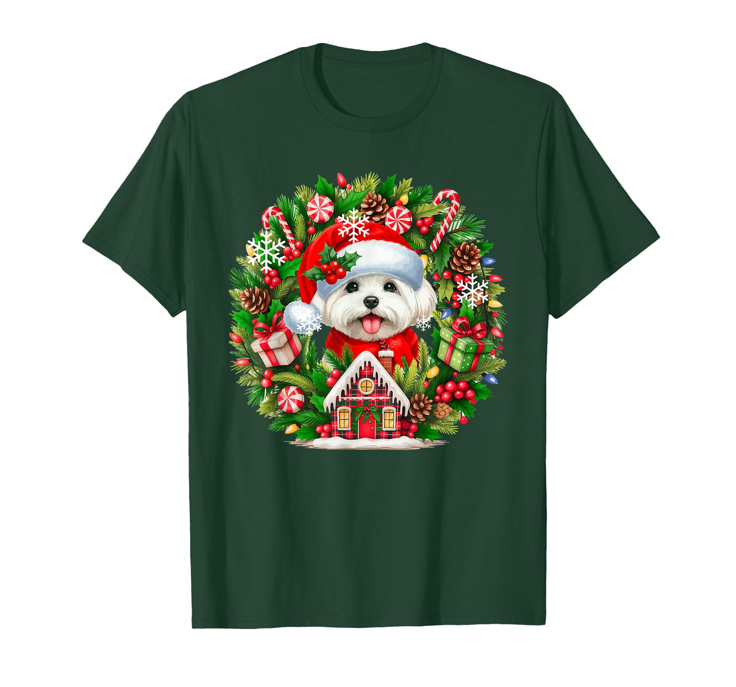Santa Maltese Christmas Floral Circle Matching Owner Kids T-Shirt