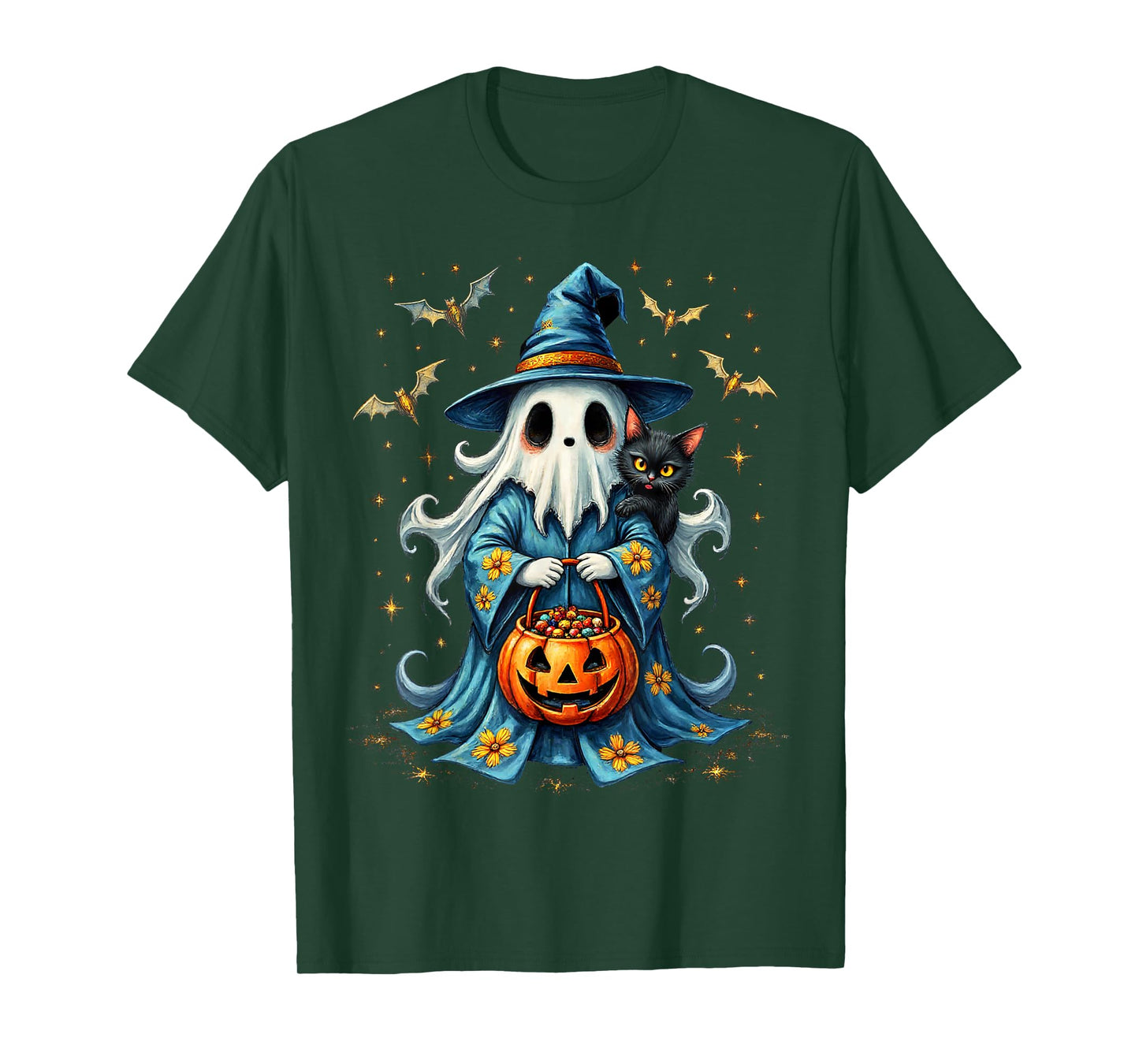 Ghost Holding Black Cat Lover Halloween 2025 Groovy Floral T-Shirt