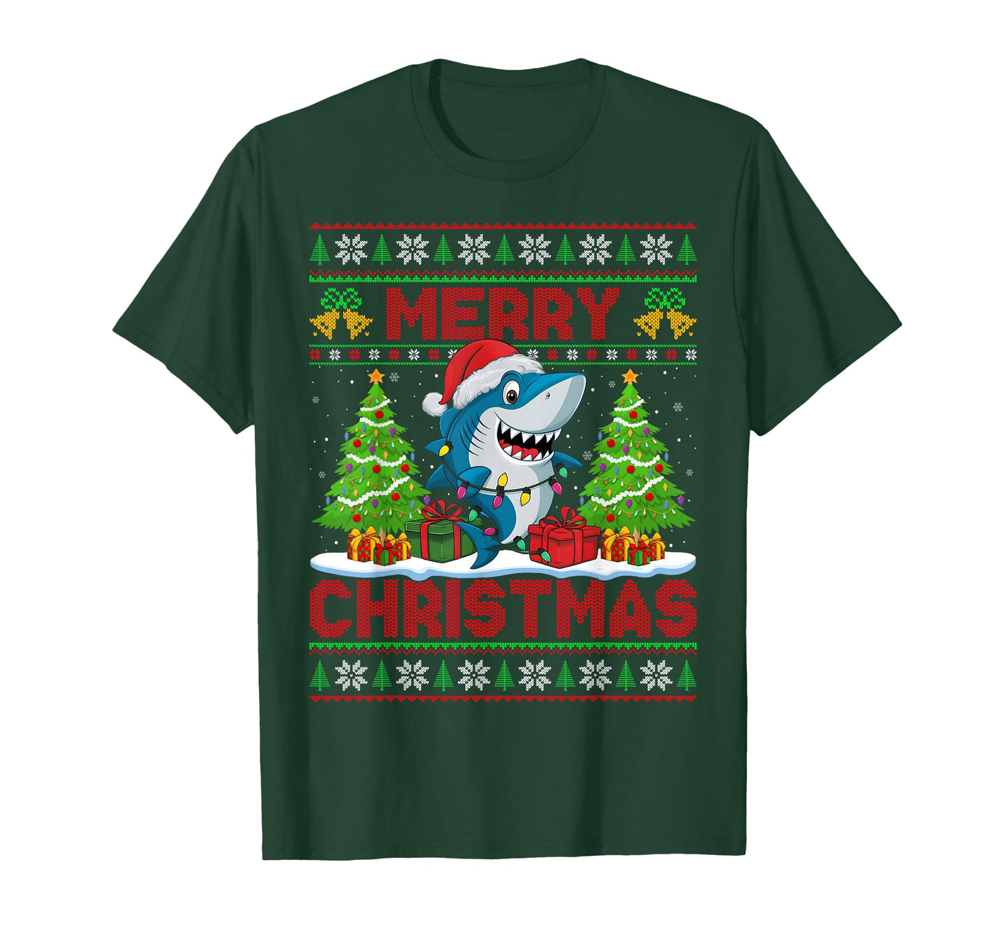 Shark Ugly Christmas Sweaters Funny Santa Hat Lights Xmas T-Shirt