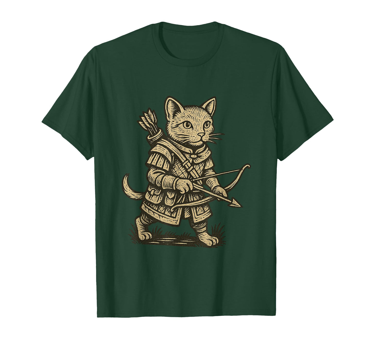 Medieval Warrior Cat Archer Renaissance Woodcut-style T-Shirt