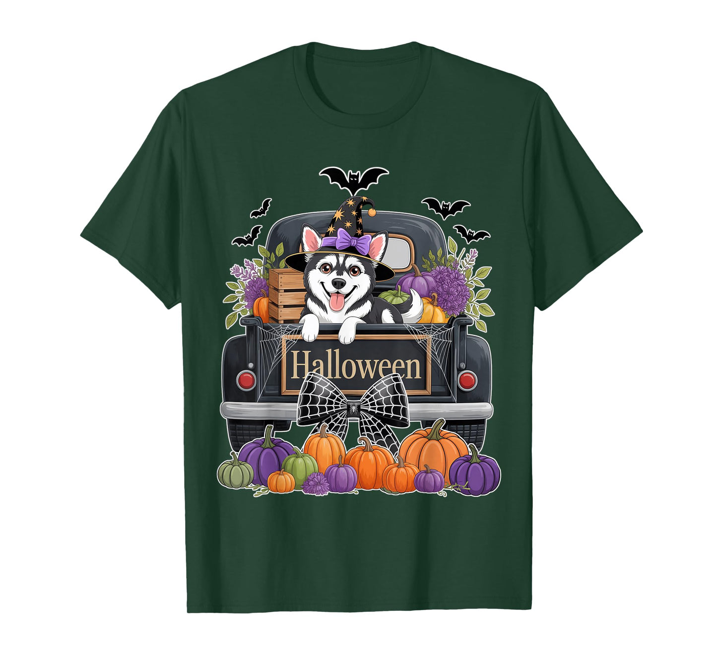 Siberian Husky Witch Hat Truck Pumpkin Dog Lovers Halloween T-Shirt