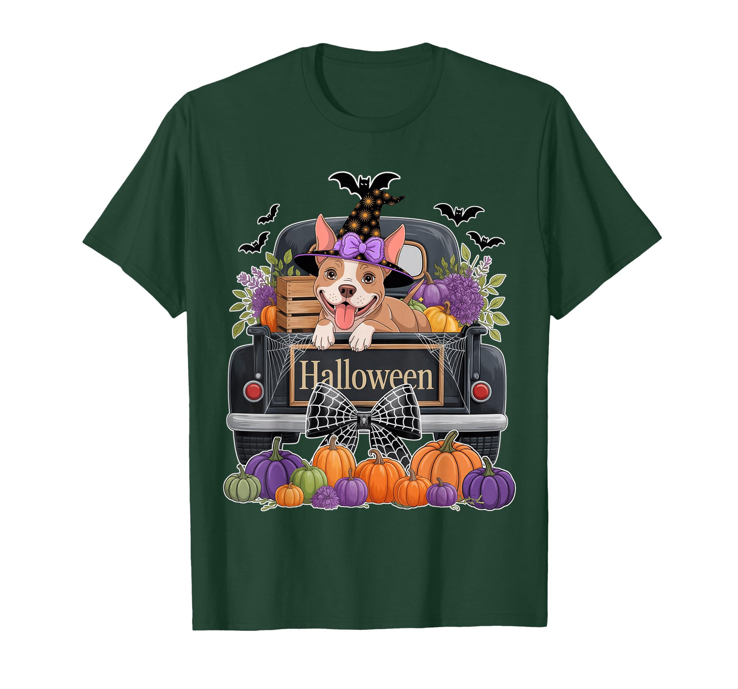 Funny Pitbull Witch Hat Truck Pumpkin Dog Lovers Halloween T-Shirt