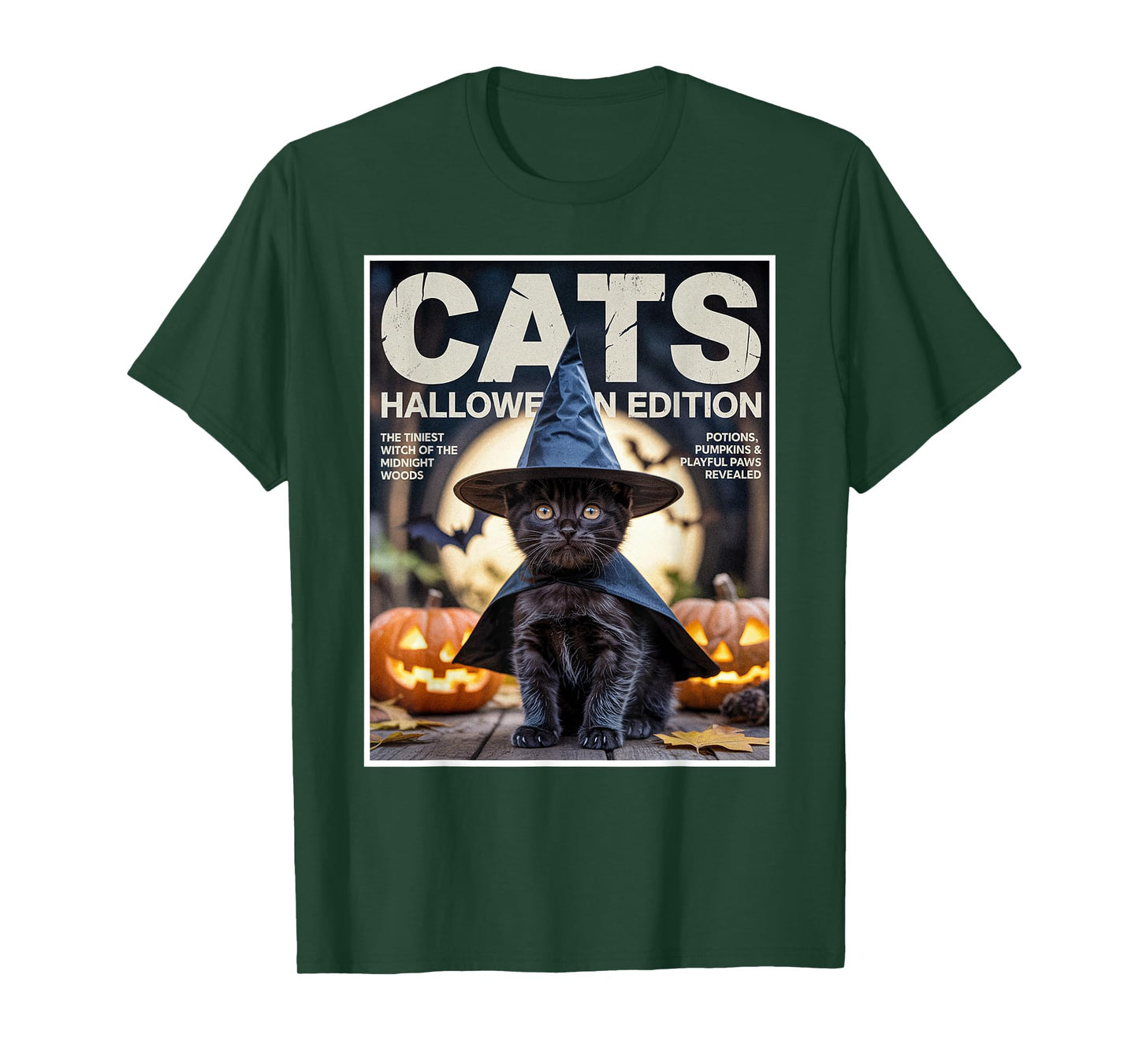 Cute Funny Black Cat in Witch Costume and Pumpkins Halloween T-Shirt