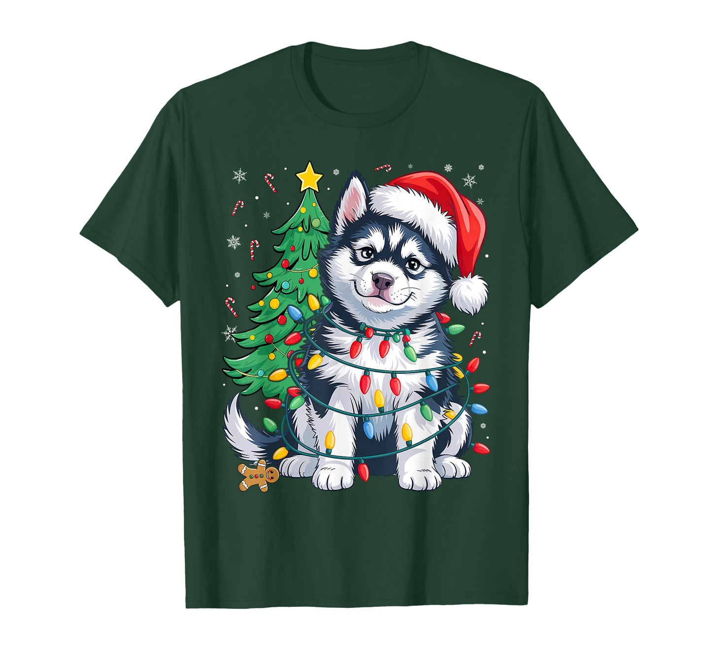 Siberian Husky Santa Christmas Tree Lights Xmas Boys Dog T-Shirt