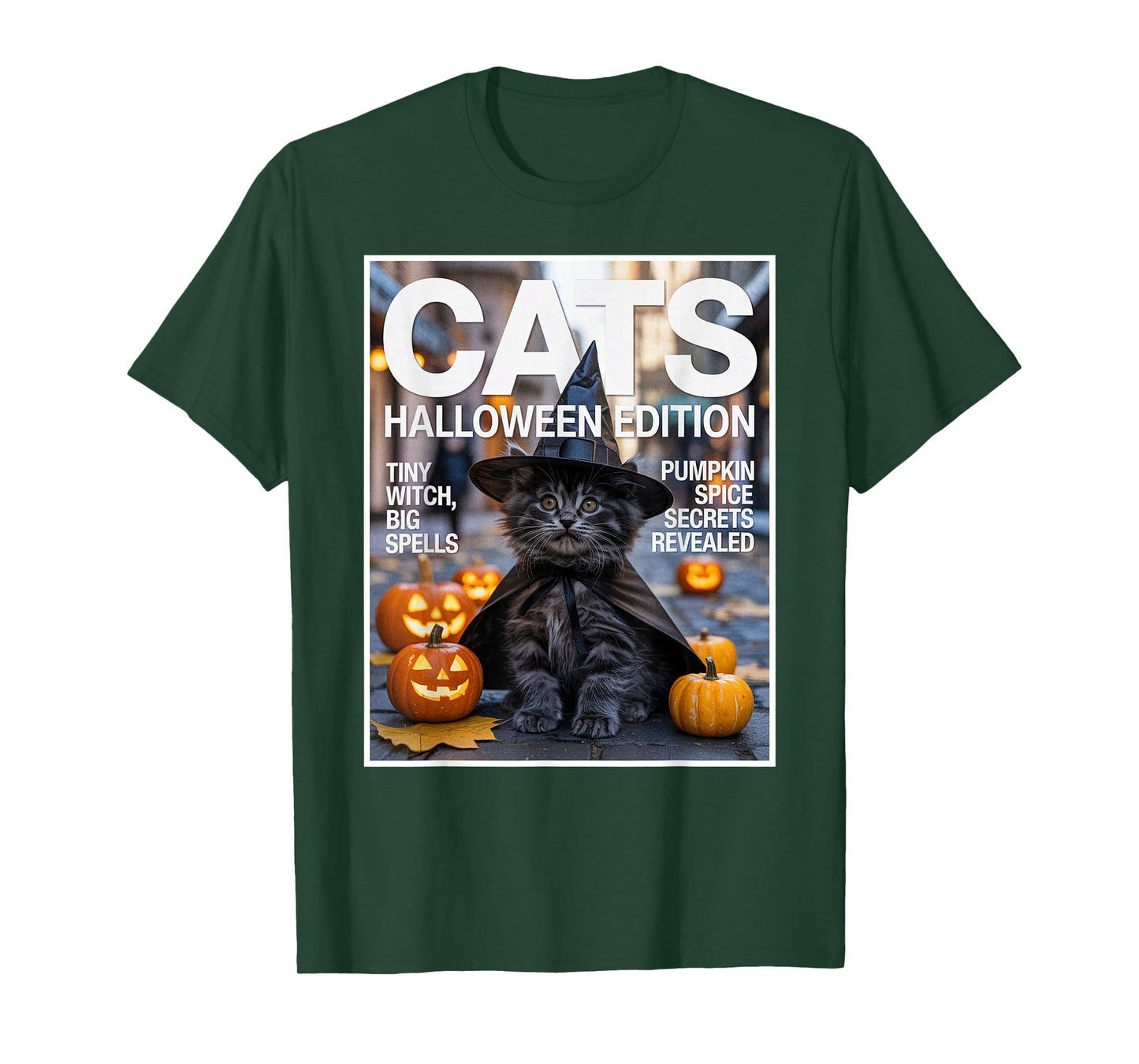 Funny Black Cat in Witch Costume with Pumpkins Halloween T-Shirt