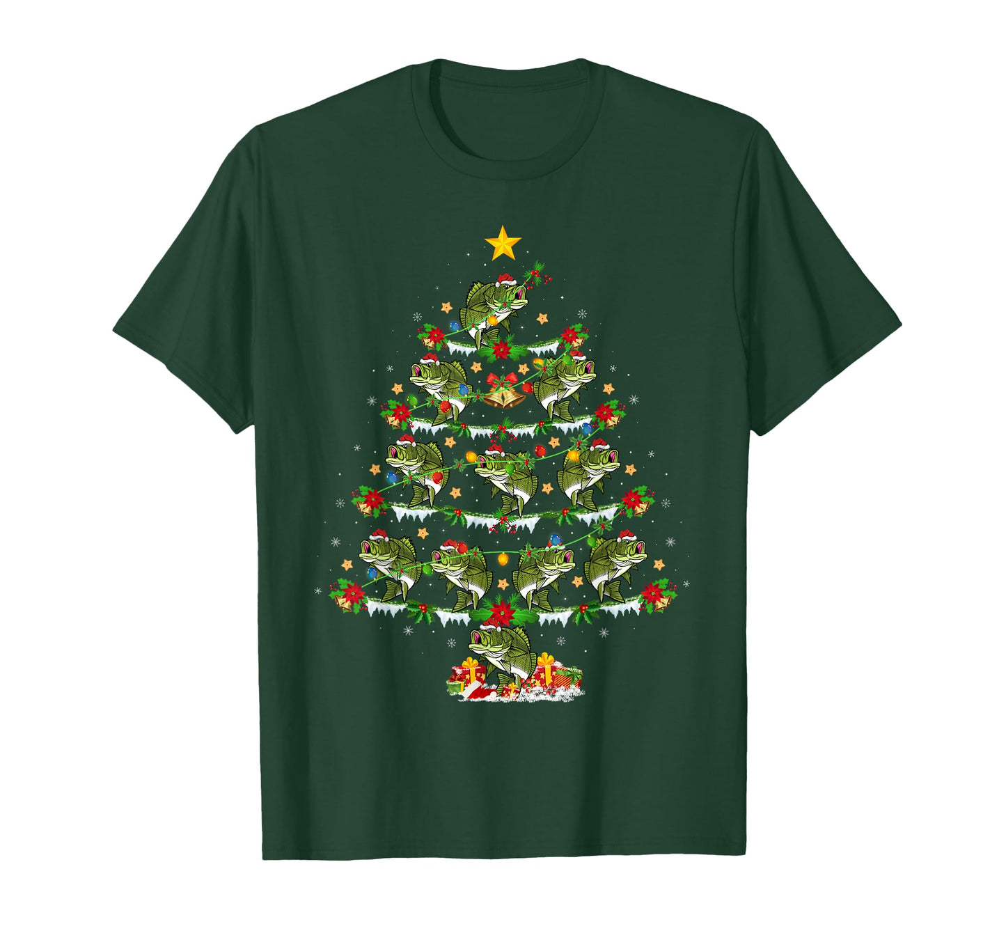Bass Fish Christmas Tree Lights Funny Bass Fishing Xmas T-Shirt