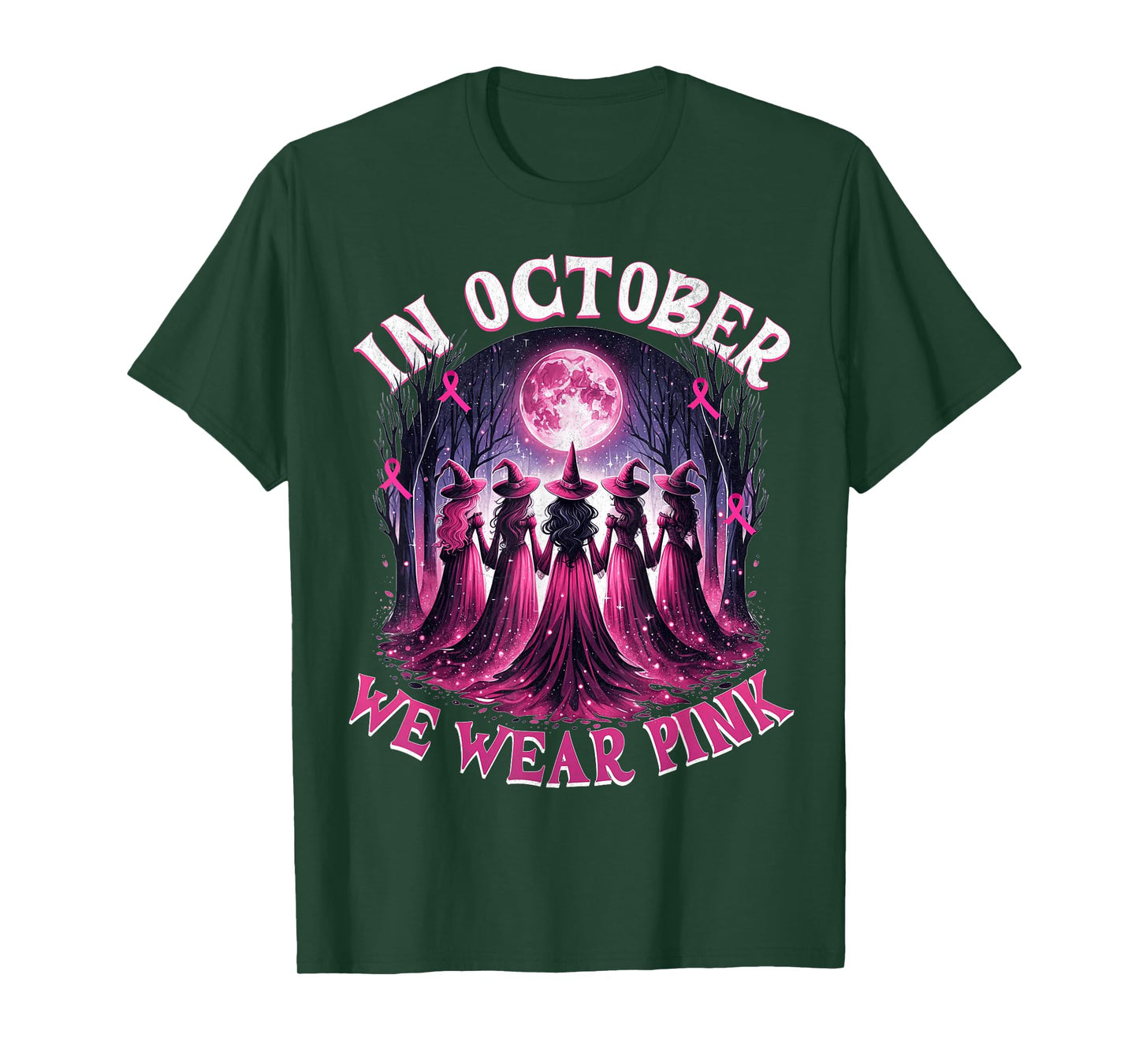 in October We Wear Pink Witch Halloween Breast Cancer Women T-Shirt