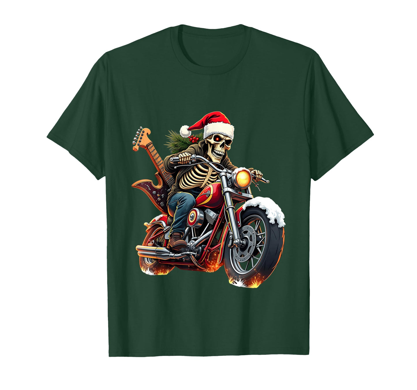 Christmas Skeleton Biker Rock Music Flame Santa Hat Guitar T-Shirt