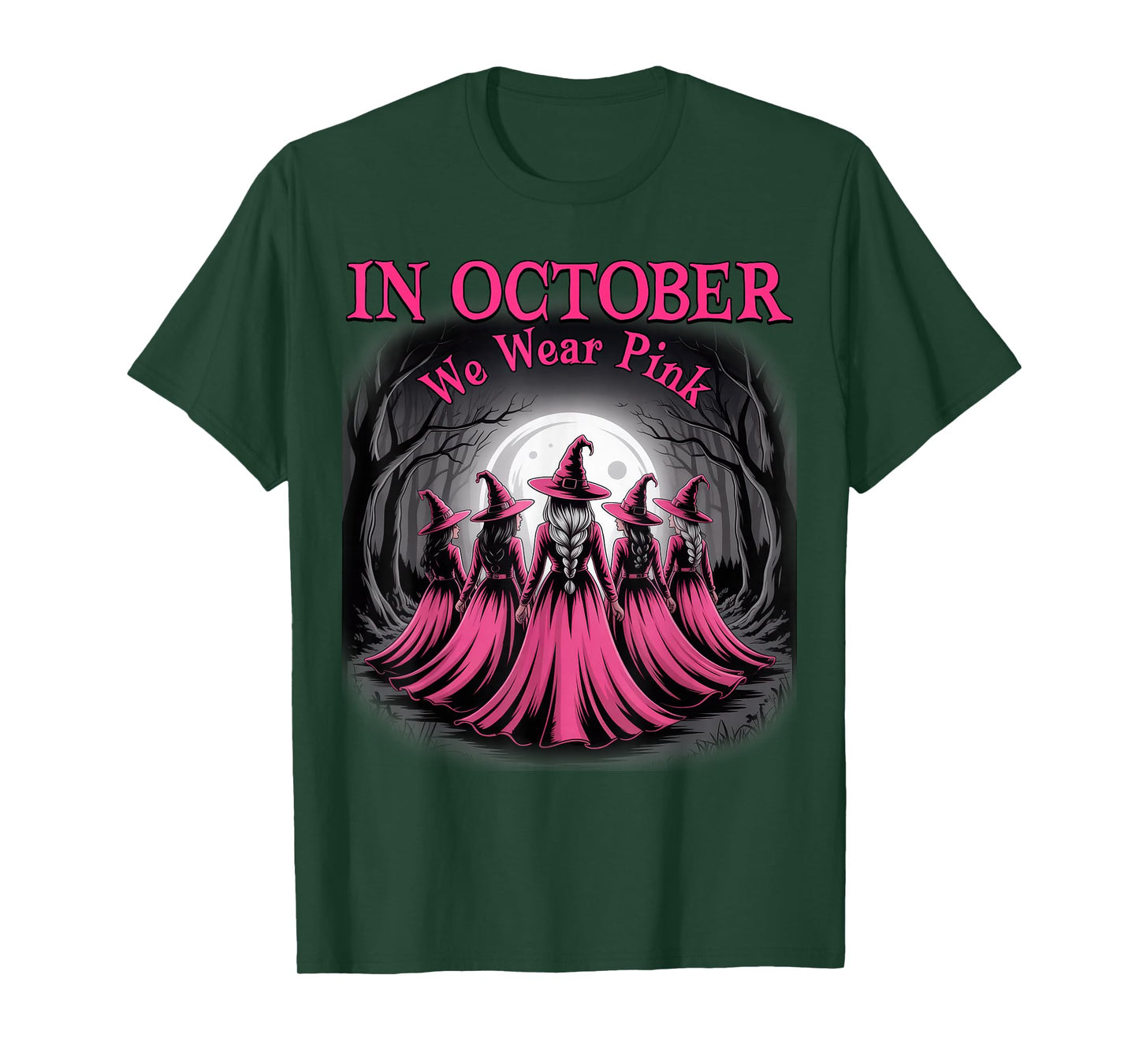 in October We Wear Pink Witch Halloween Breast Cancer Women T-Shirt
