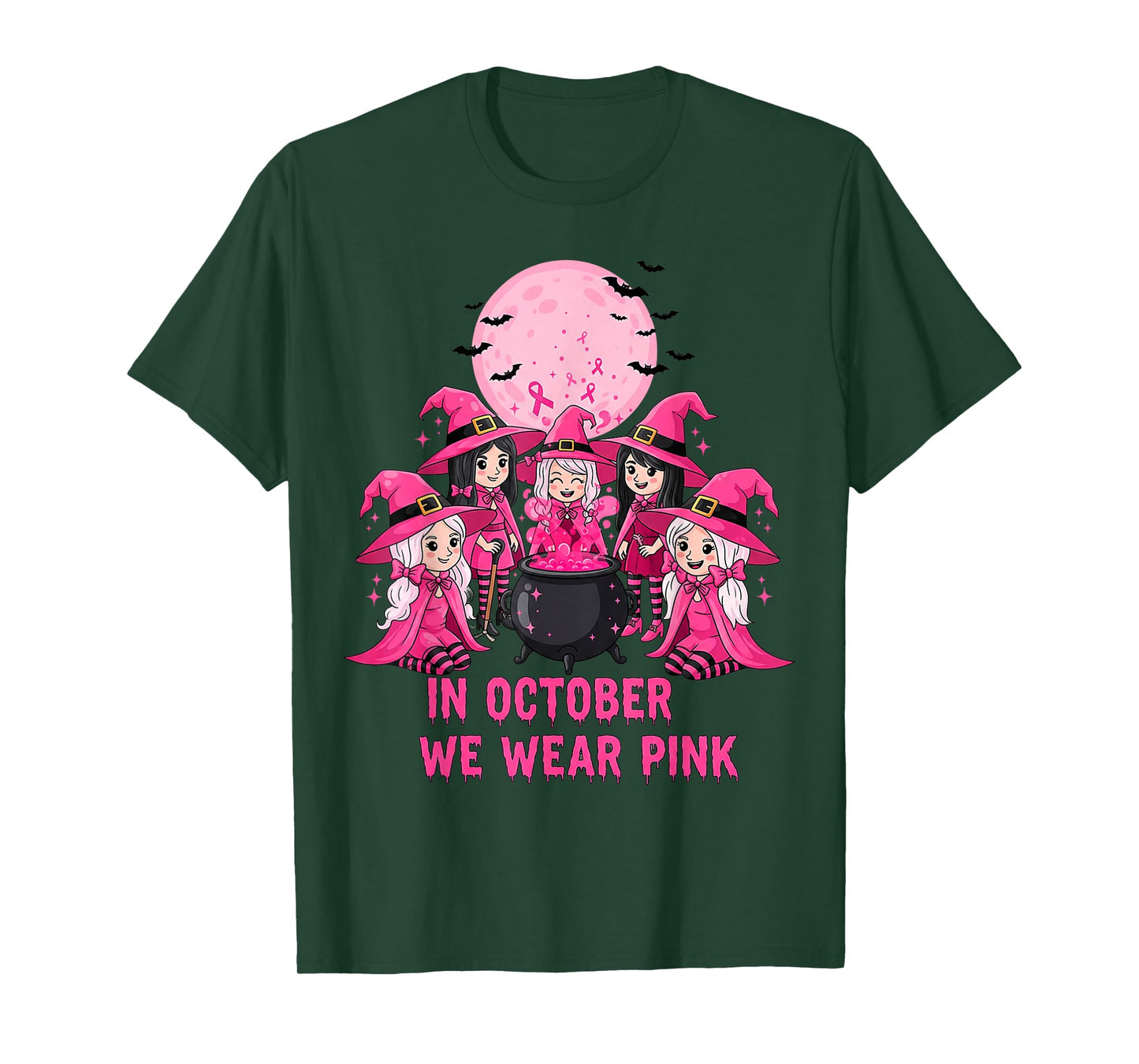 October We Wear Pink Witch Halloween Breast Cancer Awareness T-Shirt
