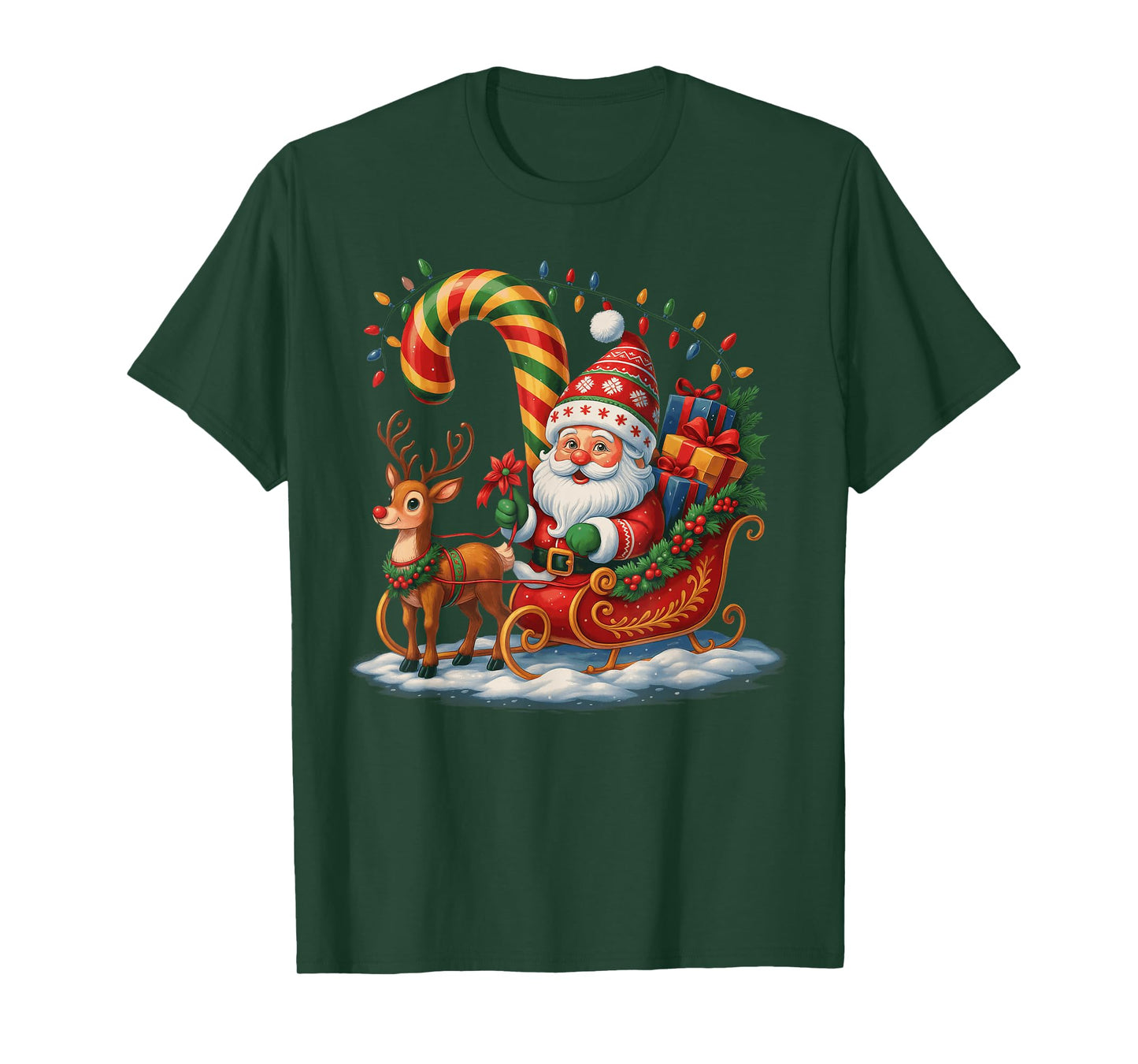 Santa Claus Riding Reindeer Christmas Lights Xmas Men Women T-Shirt