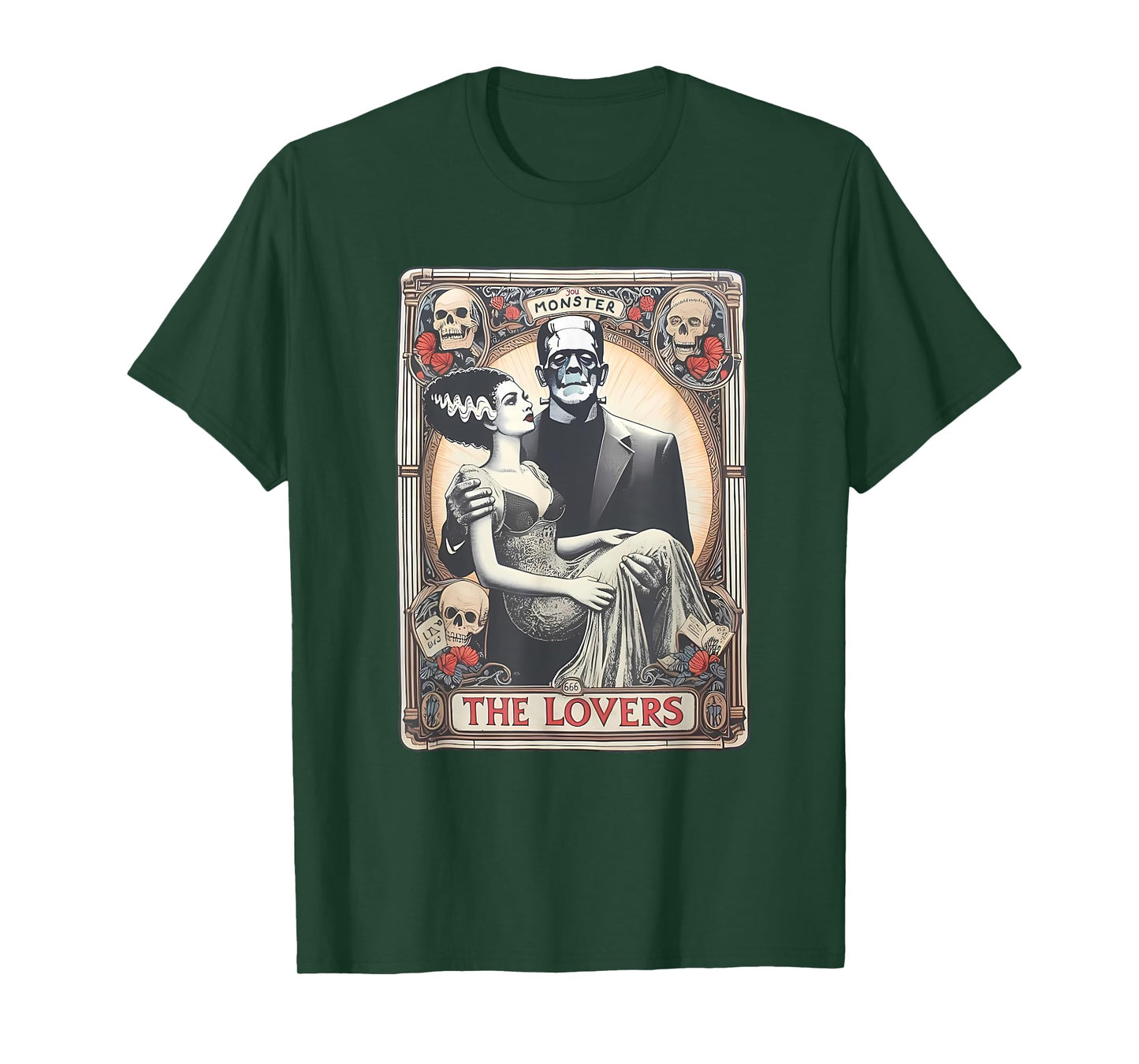 Retro Halloween Frankenstein Tarot Card T-Shirt - Unisex Adults - Black - Small - Short Sleeve - Regular Fit - Cotton 100%, Polyester Blend - Halloween, Retro, Couples, Tarot Card Fans, Unisex