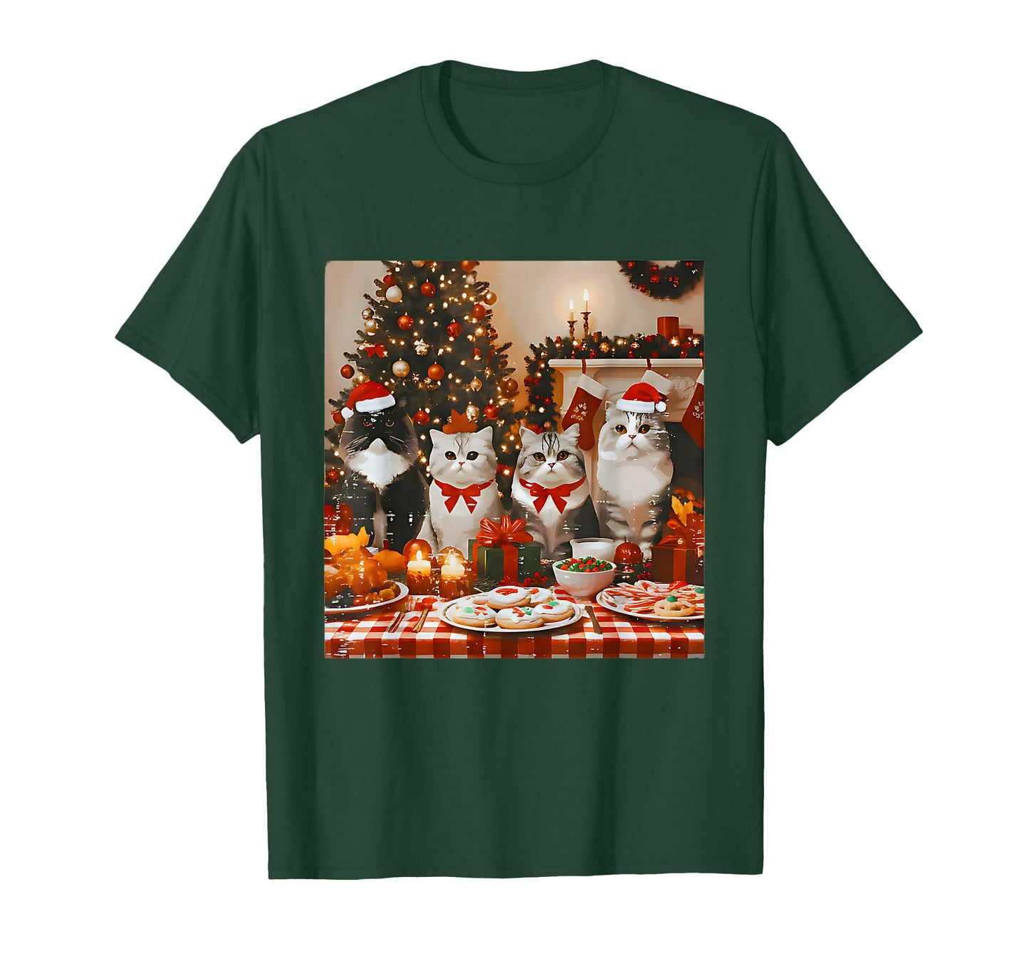 Cat Christmas Light Reindeer Santa Christmas Cat Lover T-Shirt