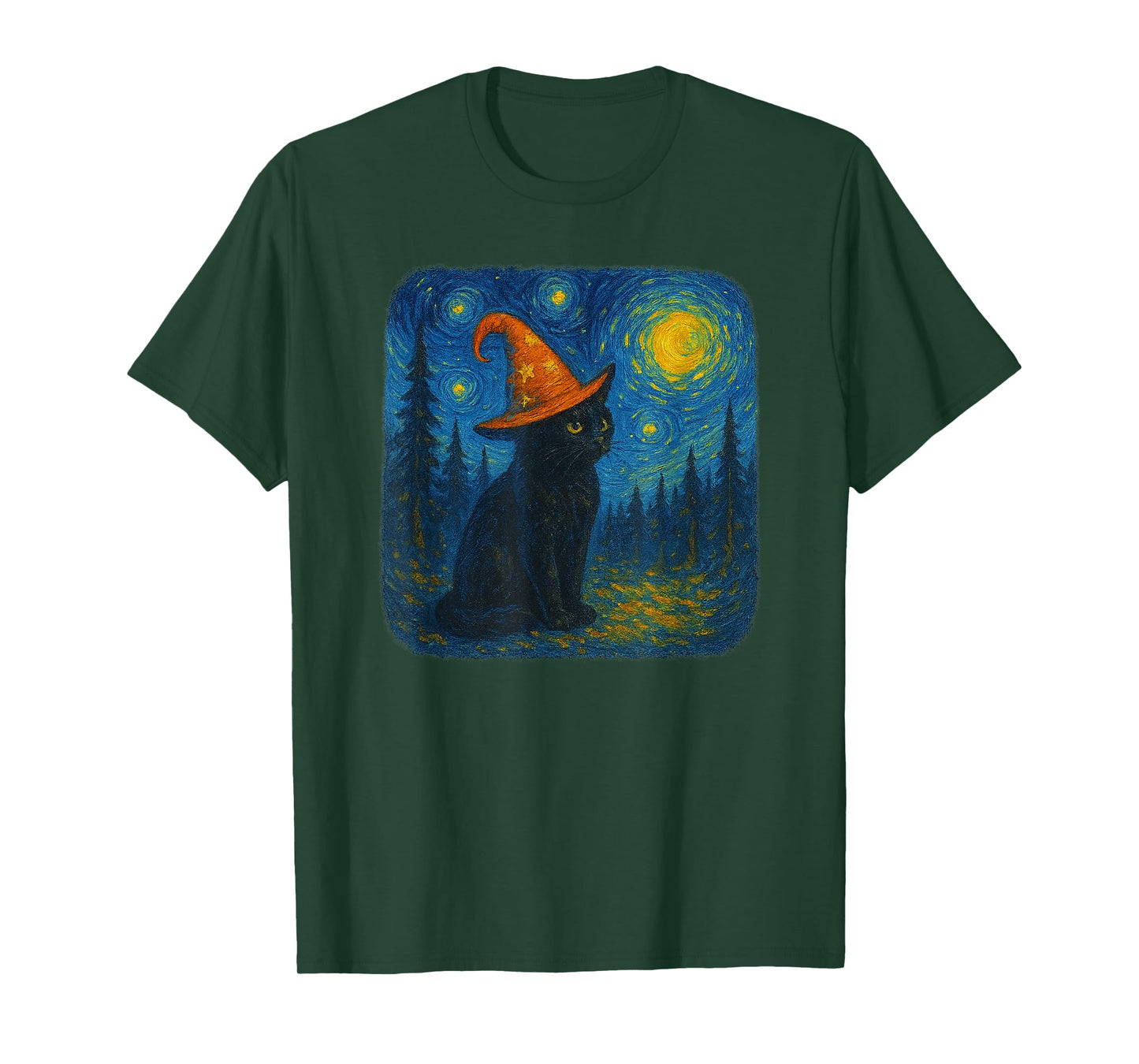 Funny Black Cat Witch Hat Starry Night Halloween Parody Art T-Shirt