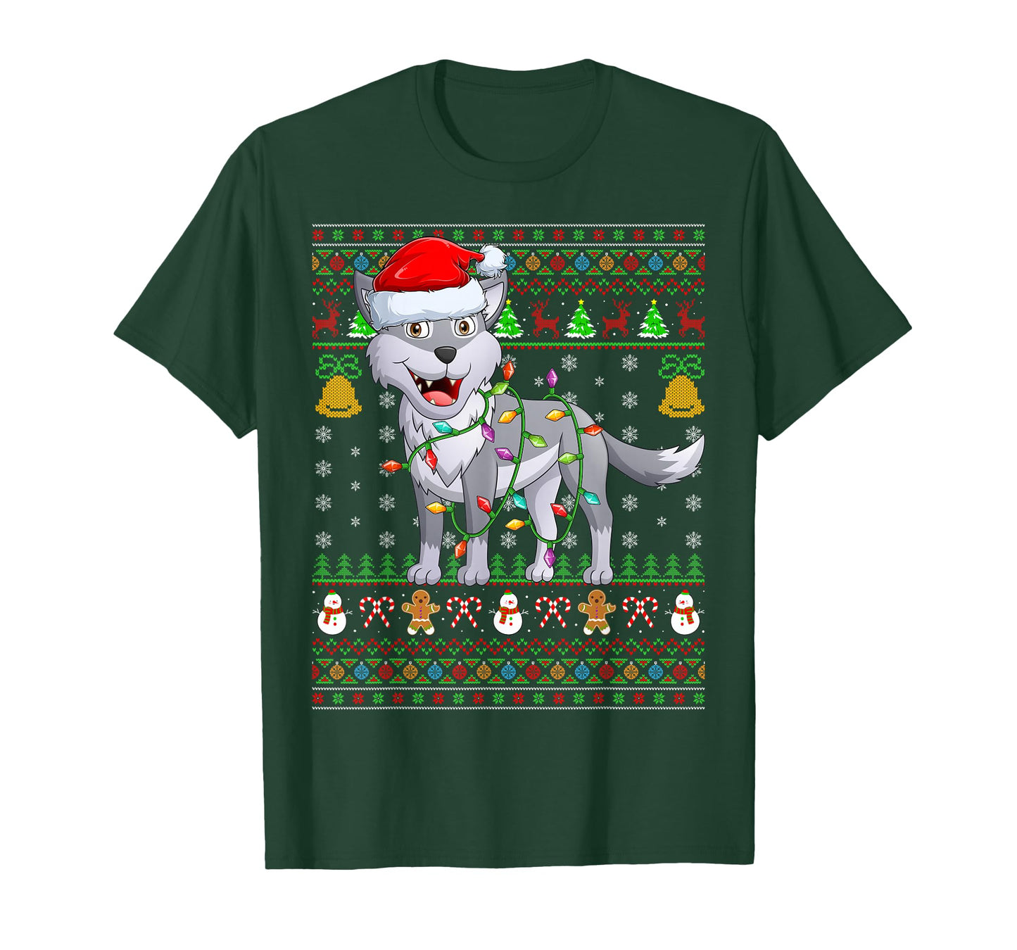 Wolf Christmas Lights Funny Santa Ugly Sweaters Cute Xmas T-Shirt