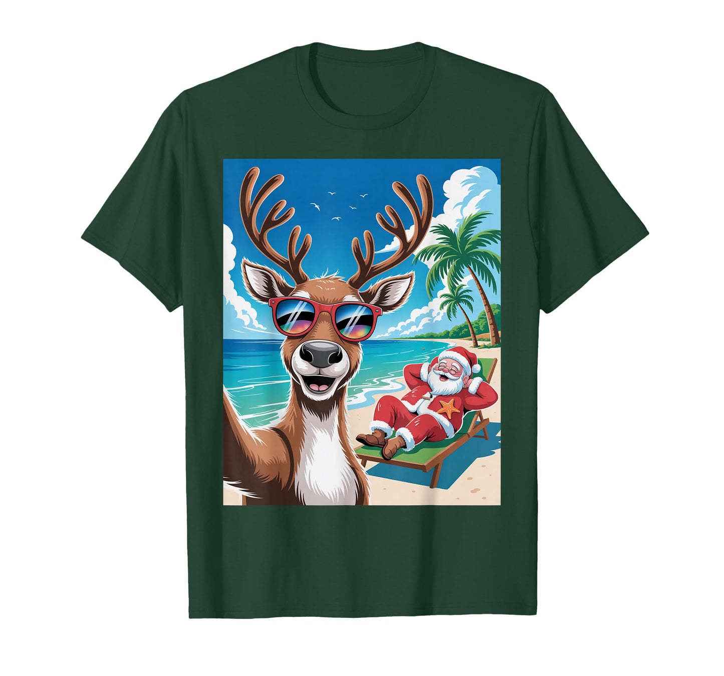 Funny Reindeer Selfie Christmas Beach Santa Vibe T-Shirt