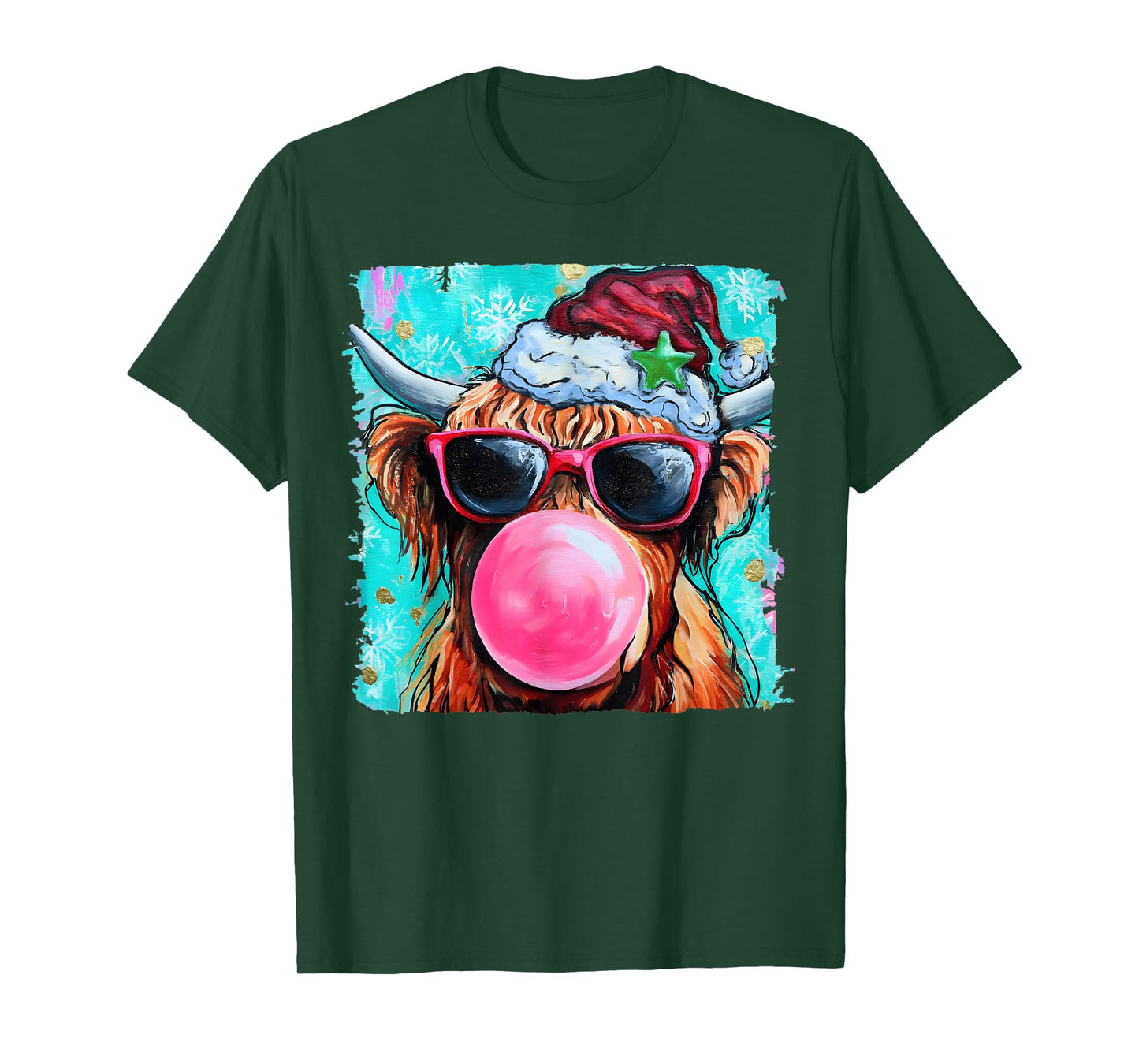 Christmas Highland Cow Heifer Merry Christmas Bubble Gum T-Shirt