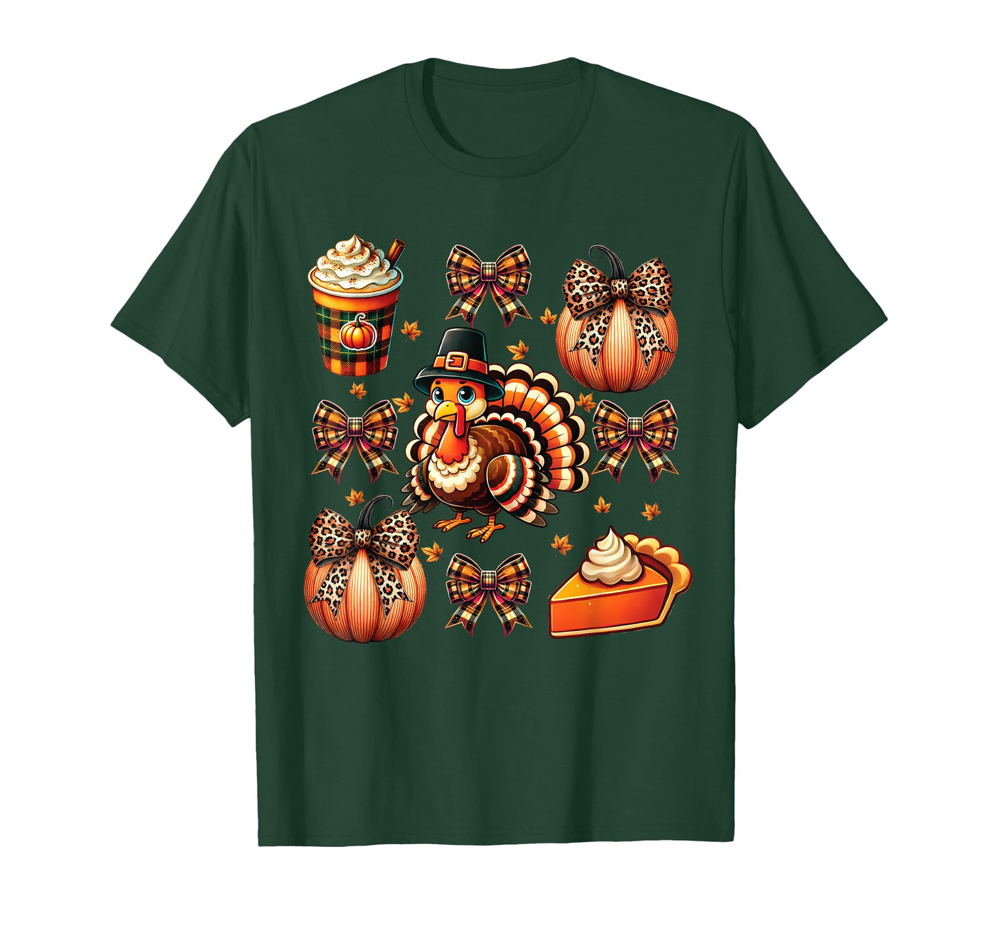 Turkey Drinking Coffee Bow Thanksgiving Womens Turkey Day T-Shirt