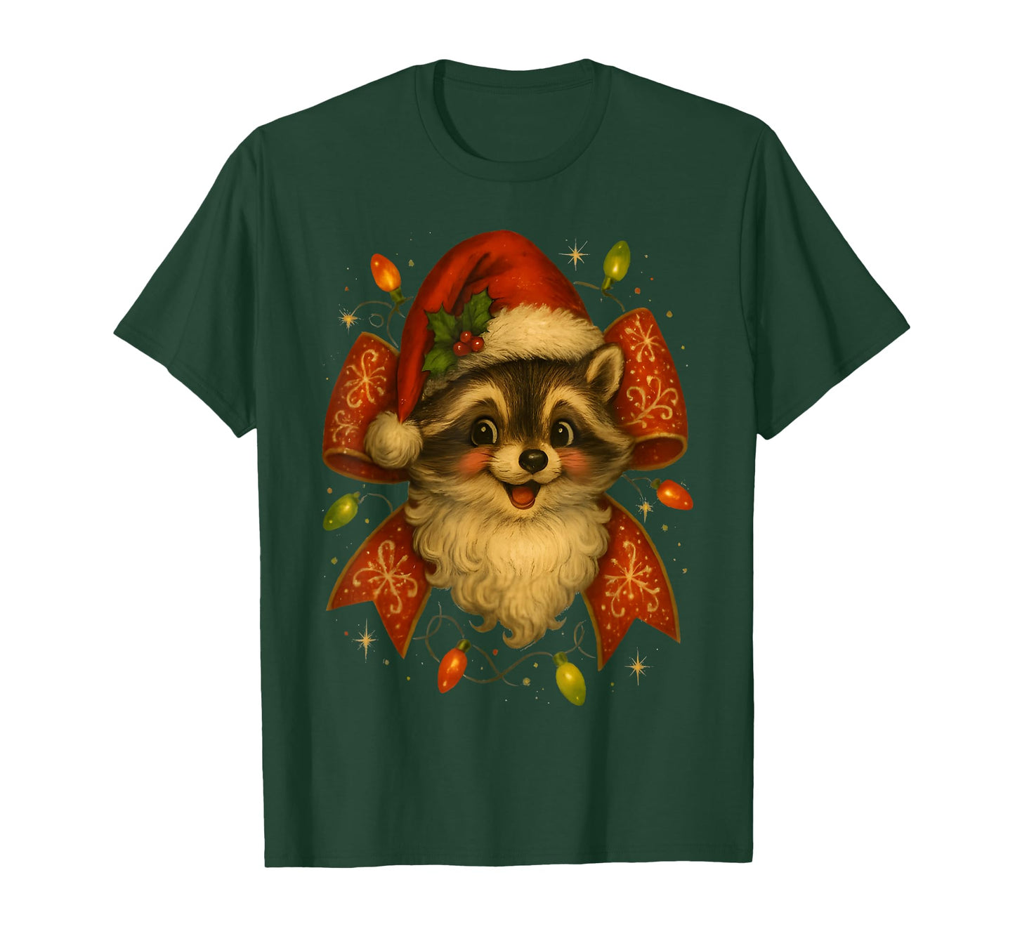 Funny Santa Raccoon in Santa Hat Holiday Cute Bow tee Lovers T-Shirt