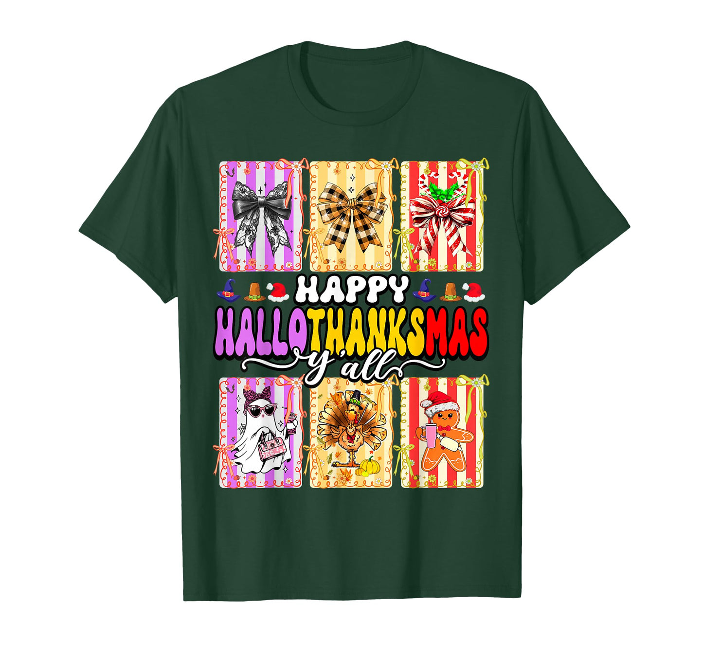 Happy Hallothanksmas Y’All Funny Holiday Mashup Coquette Bow T-Shirt