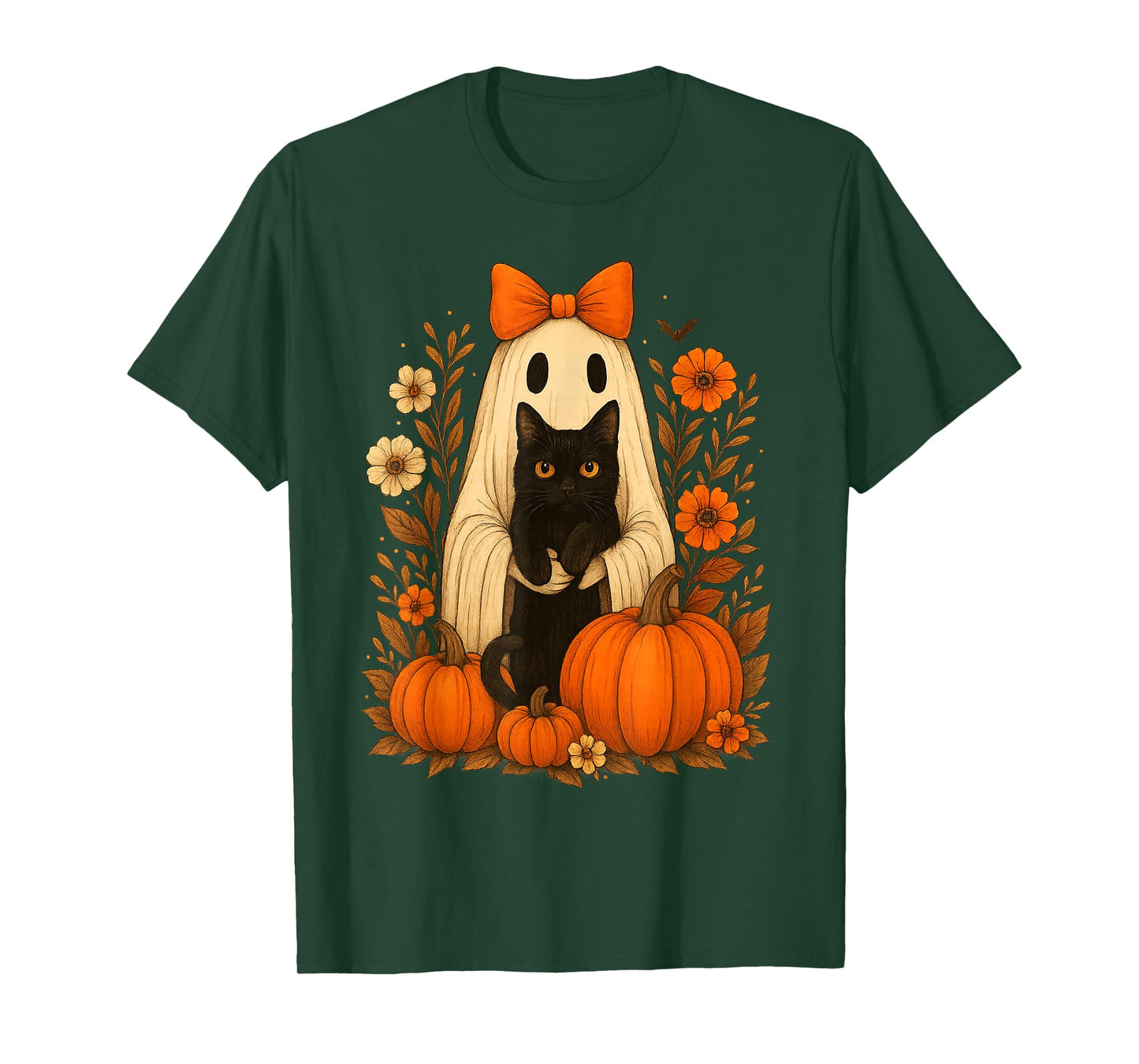 Vintage Halloween Ghost Holding Black Cat Groovy Floral T-Shirt