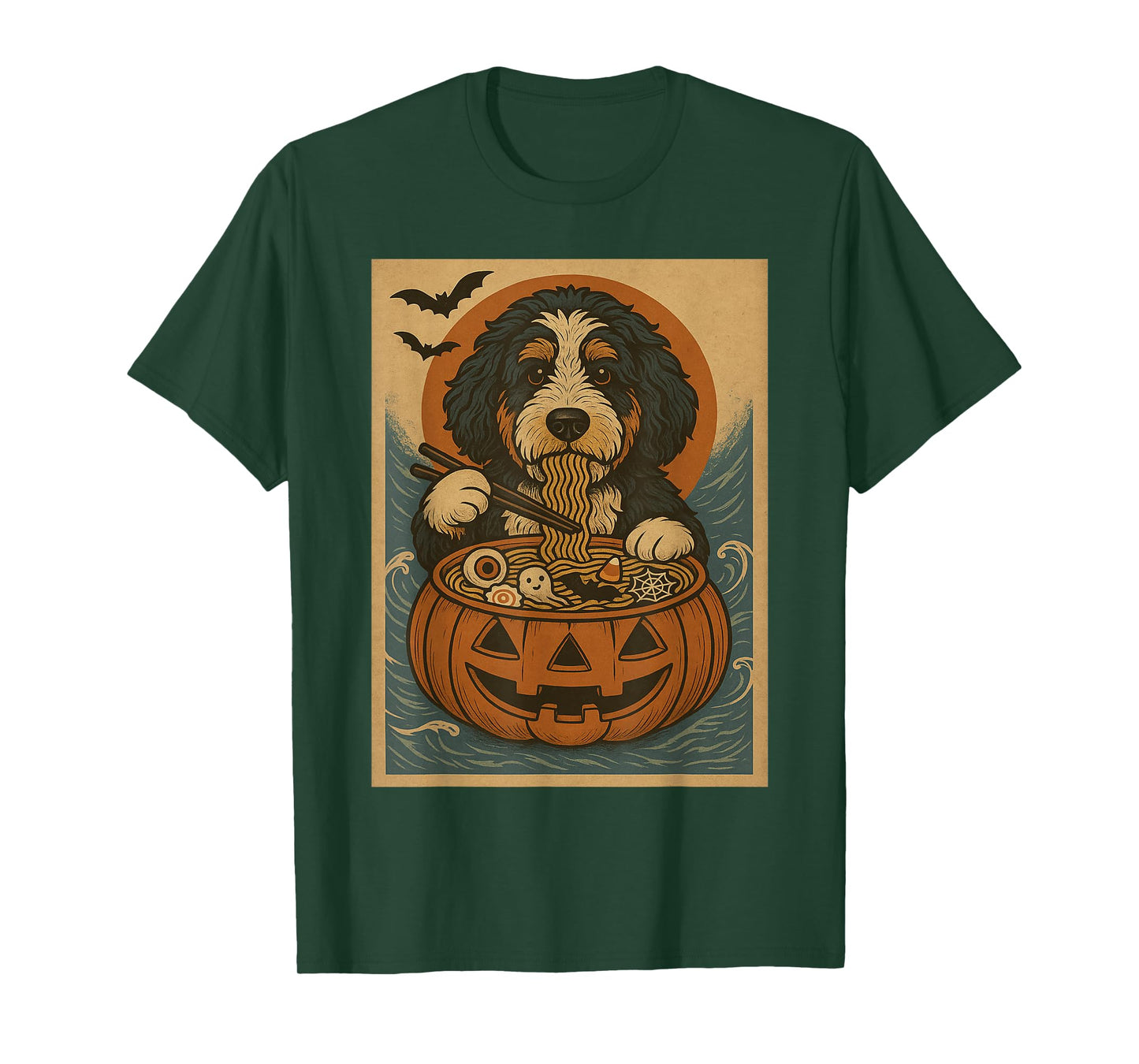 Funny Spooky Bernedoodle Pumpkin Japanese Ramen Noodles T-Shirt