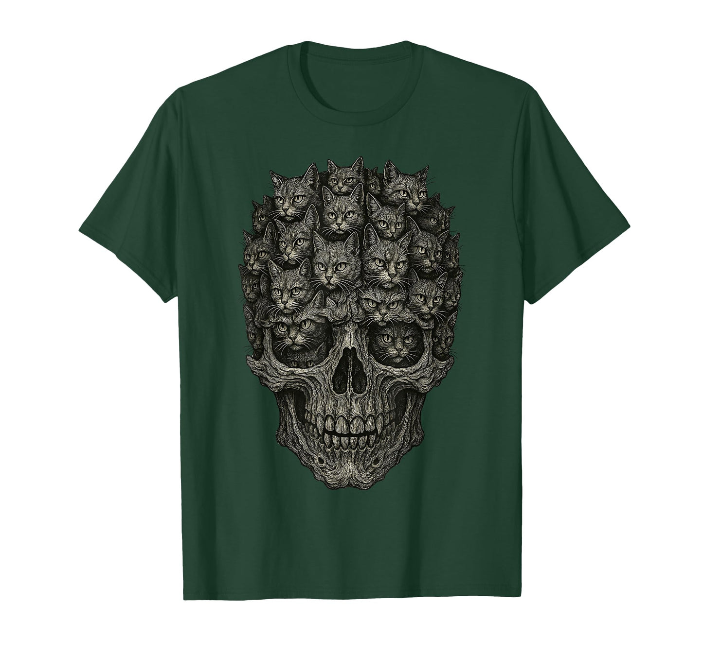 Vintage Halloween Skull Black Gray Cats Subtle Cat Parents T-Shirt