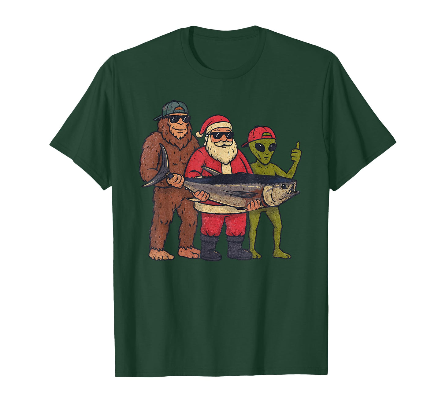 Santa Sasquatch Fishing Christmas Vintage Fish Funny Xmas T-Shirt
