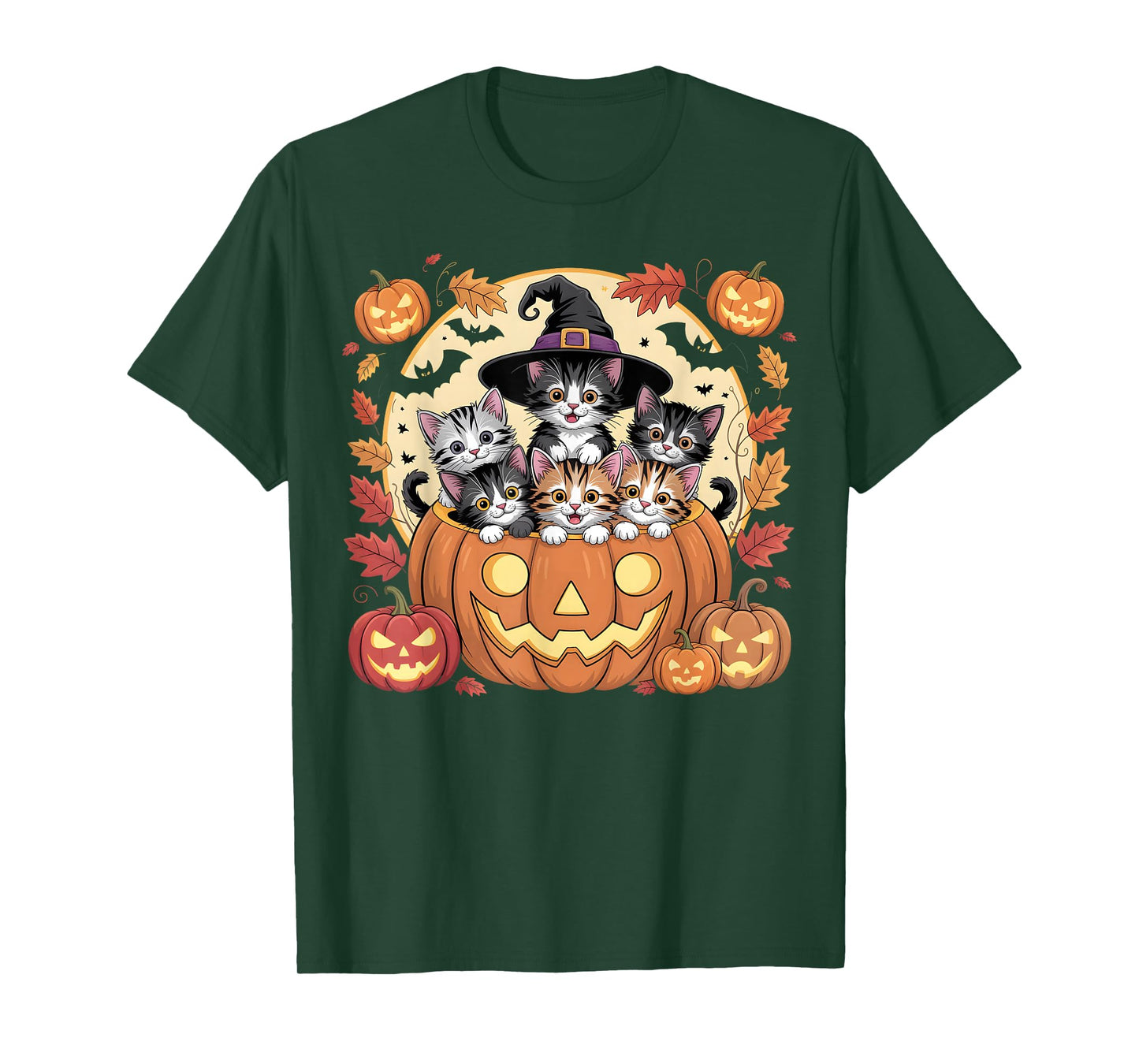 Cute Halloween Kittens in Pumpkin with Witch Hat and Bats T-Shirt