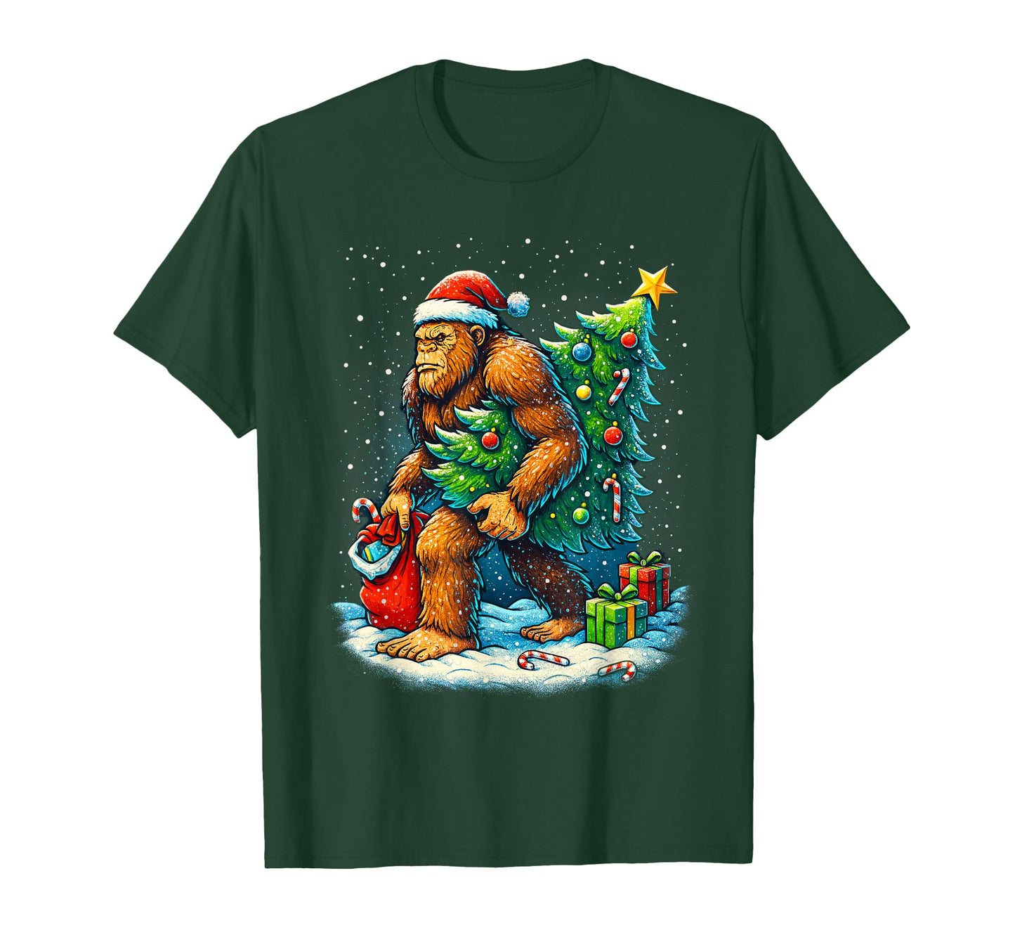 Santa Bigfoot Christmas Tree Sasquatch Xmas Lights T-Shirt