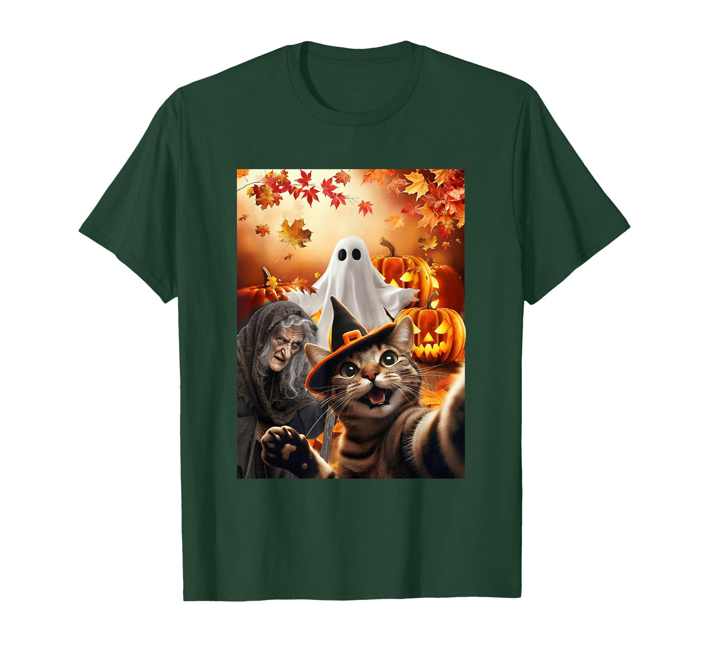 Funny Halloween Cat Selfie Ghost Witch Pumpkin Autumn Leaf T-Shirt
