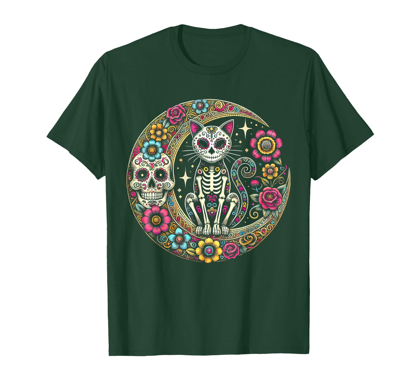 Cat Moon Dia De Los Muertos Day Of The Dead Sugar Skull T-Shirt