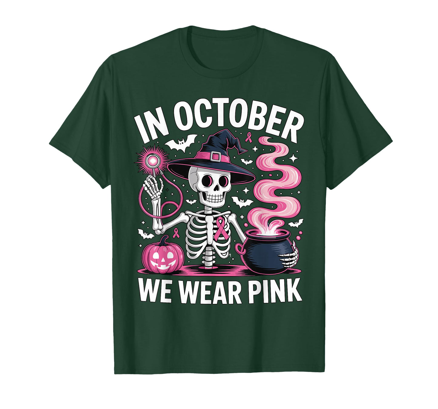 in October We Wear Pink Halloween Skeleton Witch for Women T-Shirt