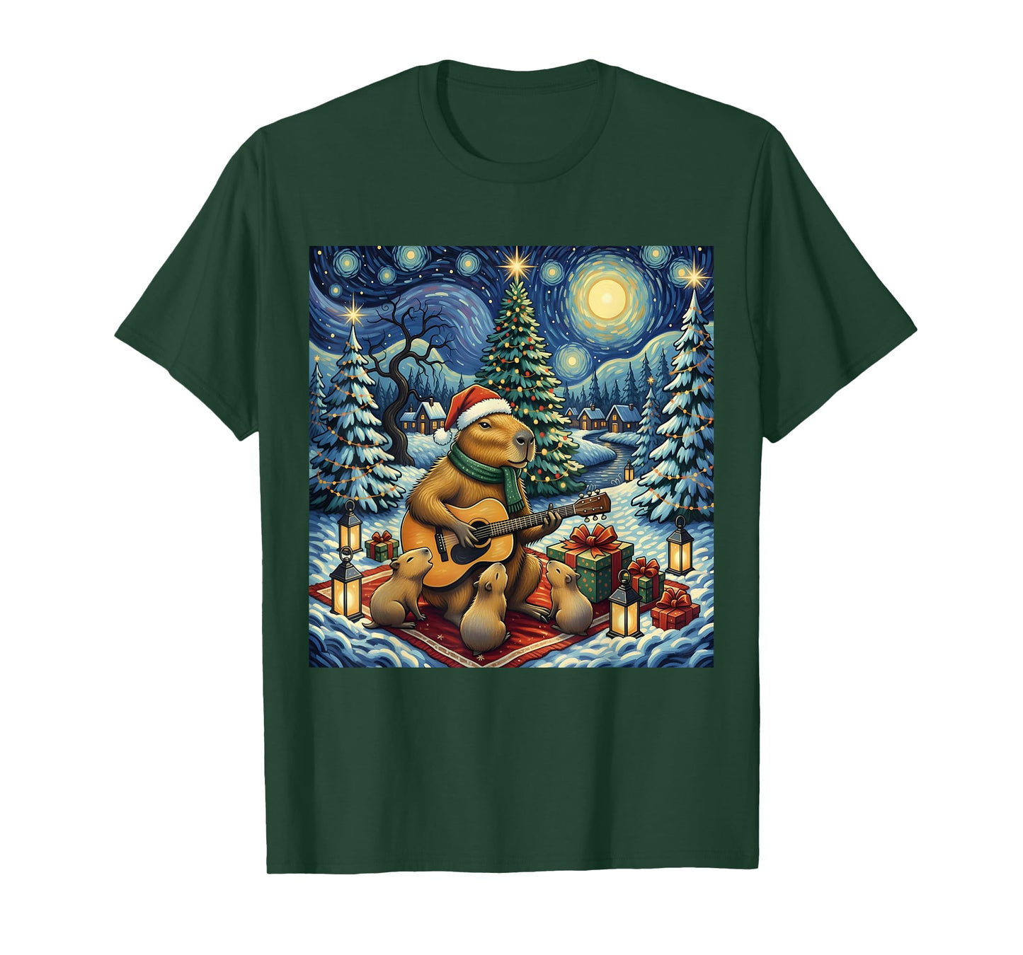 Capybara Playing The Guitar Van Gogh Style Christmas Themed T-Shirt