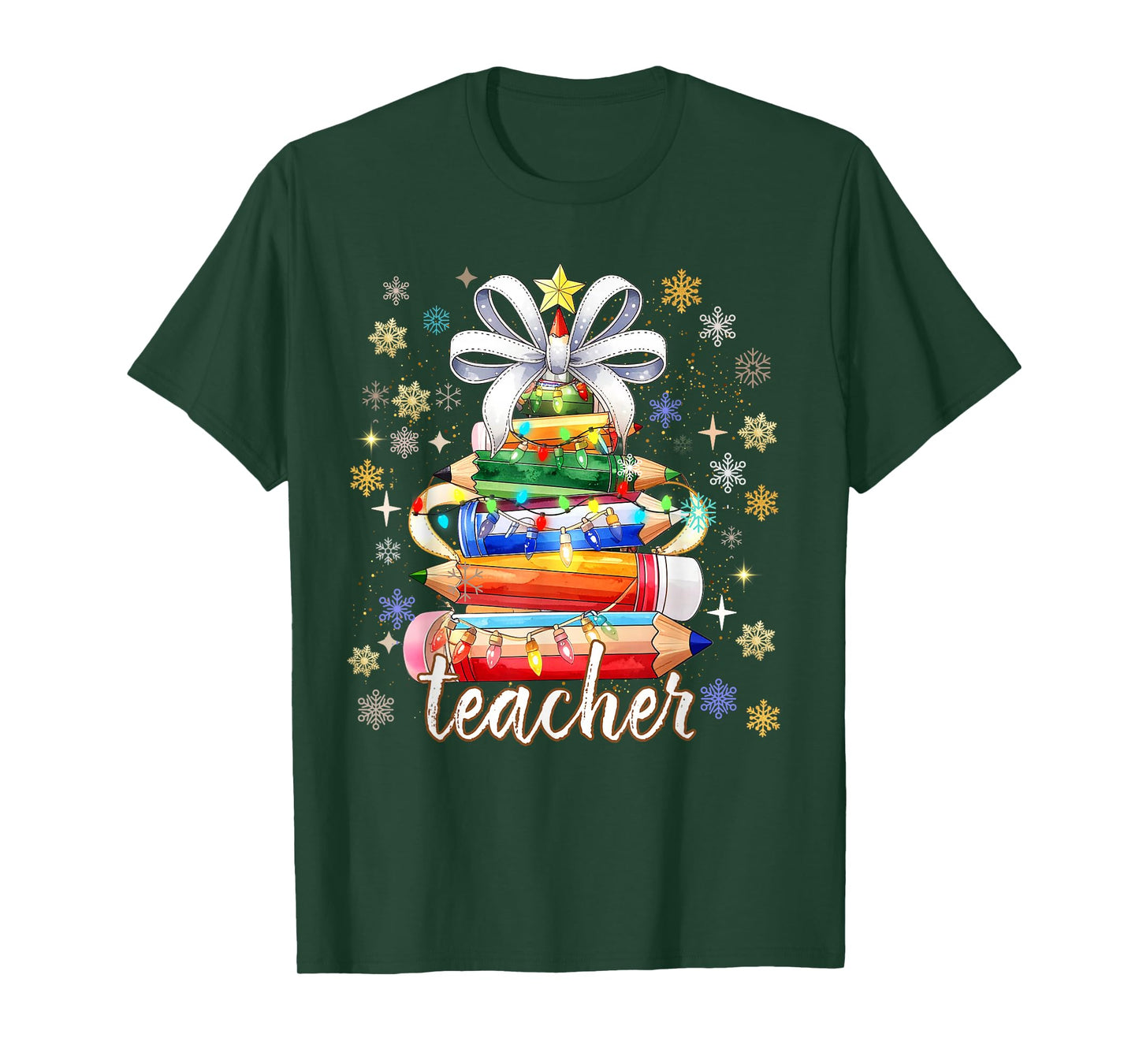 Teacher Student Vibes Holiday Pencil Tree Lights Women Kid T-Shirt
