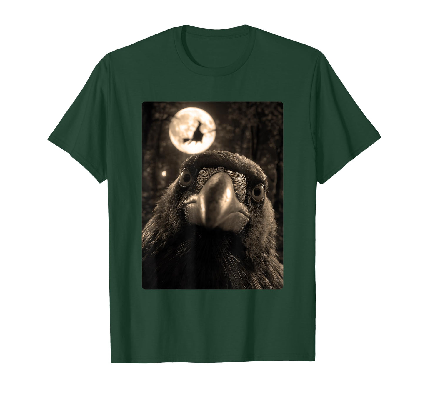 Funny Crow Selfie Full Moon Flying Witch Forest Halloween T-Shirt