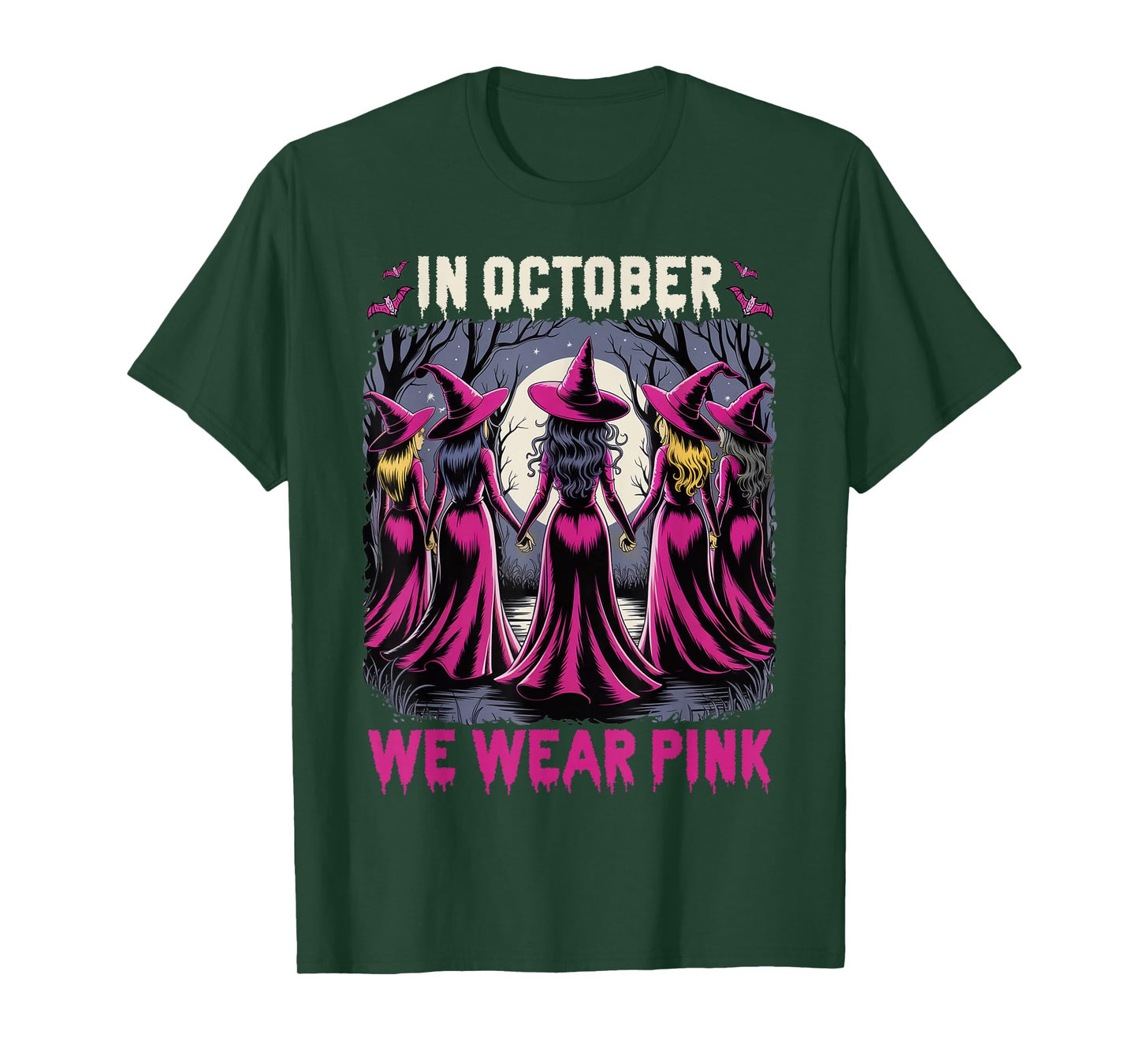 in October We Wear Pink Witch Halloween Breast Cancer Women T-Shirt