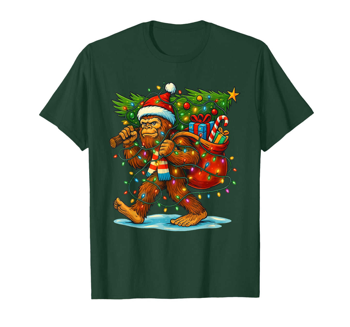 Bigfoot Christmas Tree Xmas Sasquatch Funny Lights Men Boys T-Shirt