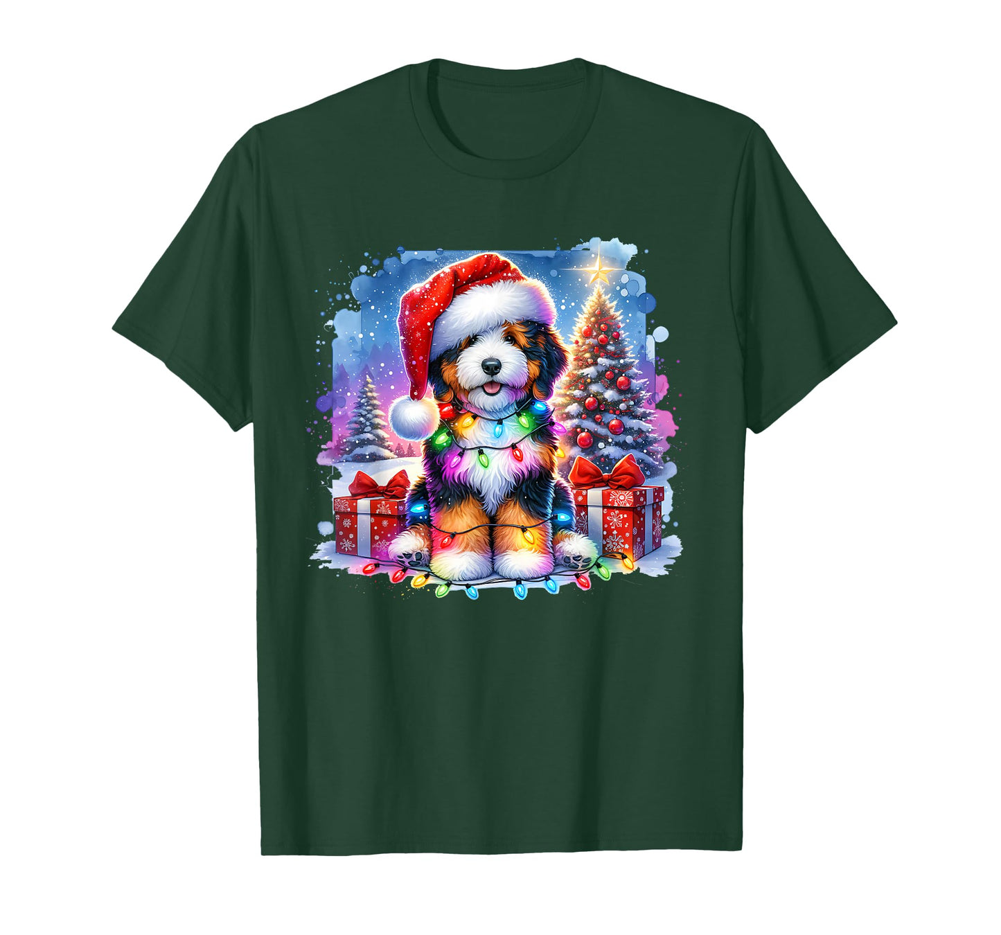 Festive Bernedoodle Dog Santa Hat Christmas Tree Lights T-Shirt