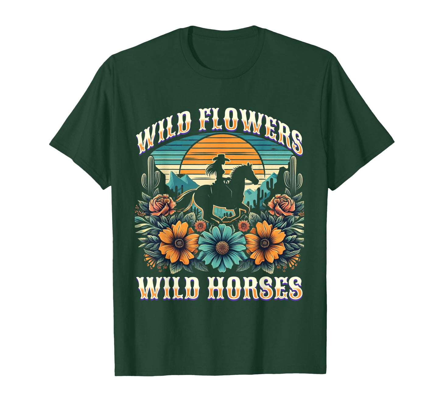 Sunset Cowgirl Riding Horse Wild Flowers - Wild Horses T-Shirt