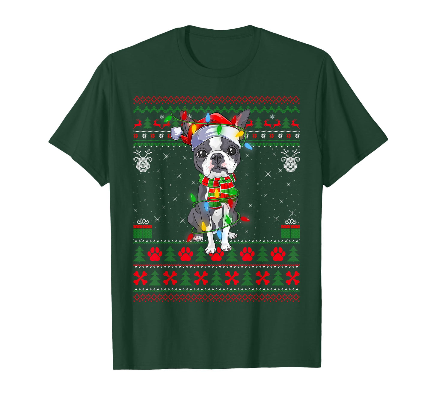 Boston Terrier Dog Ugly Christmas Sweaters Lights Dog Xmas T-Shirt