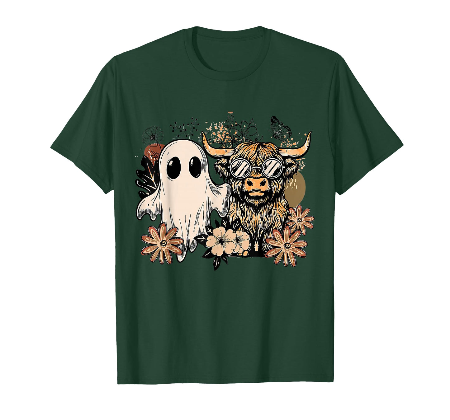 Floral Fall Highland Cow Ghost Boho Pumpkin Halloween T-Shirt