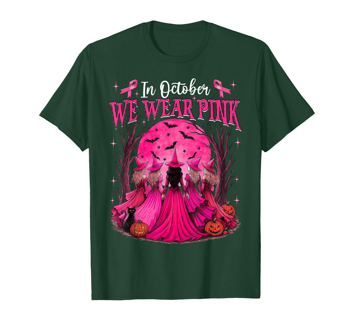 in October We Wear Pink Witch Halloween Breast Cancer Women T-Shirt