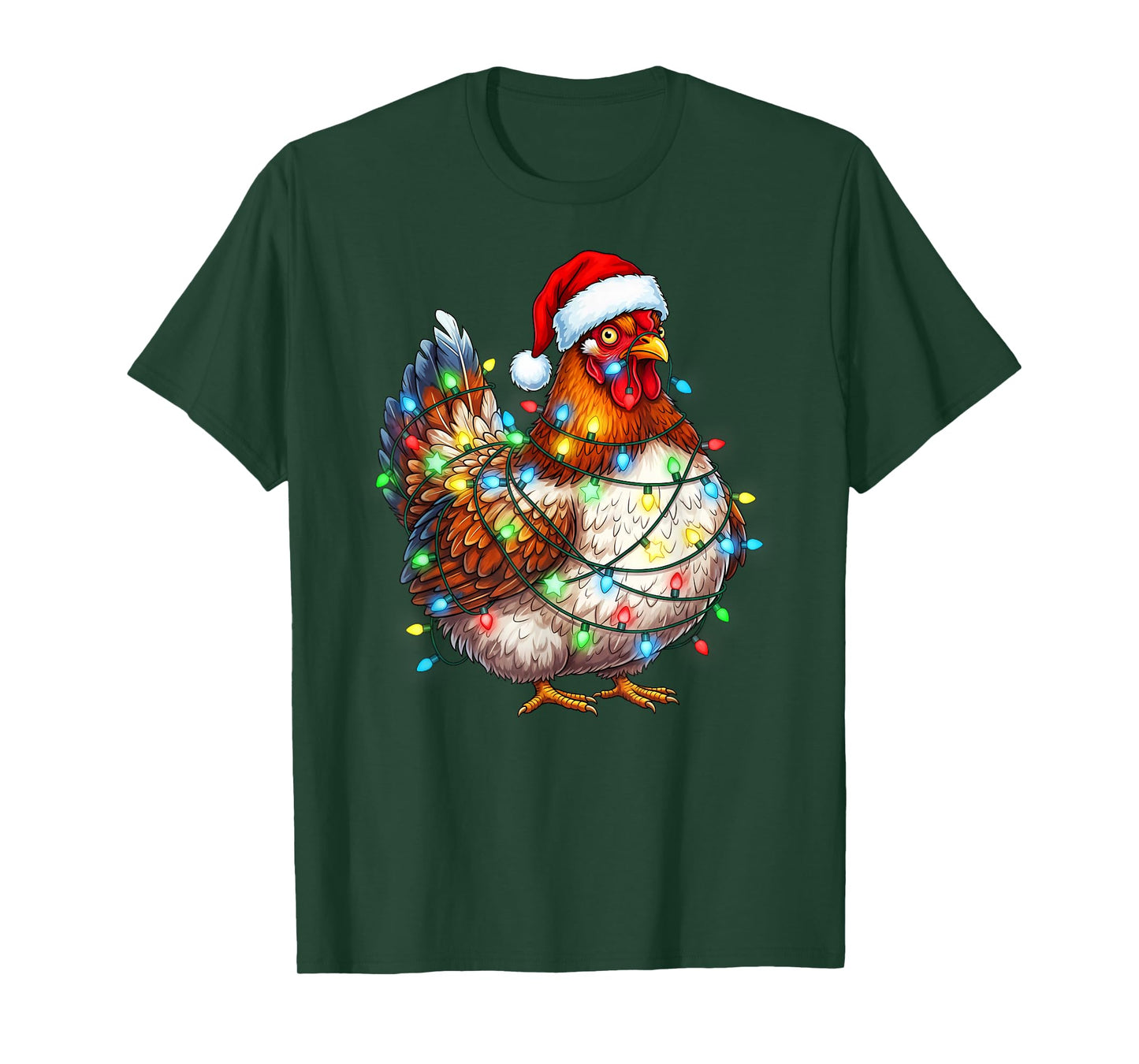 Funny Chicken Christmas Lights Santa Hat Farmer T-Shirt